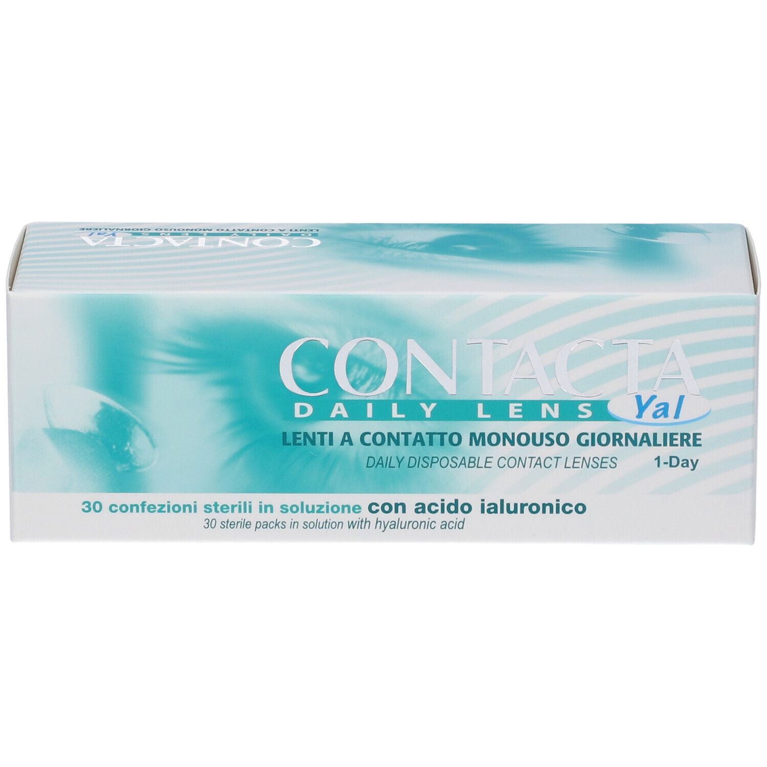 Confezione di lenti a contatto. Scritta: CONTACTA Daily Lens Yal, Lenti a contatto monouso giornaliere. 30 pezzi.