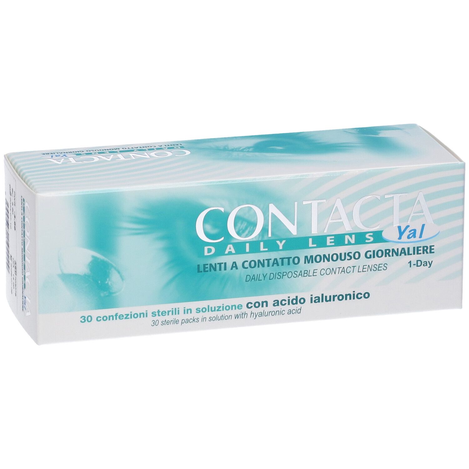 Confezione di lenti a contatto. Scritta: CONTACTA Daily Lens Yal, Lenti a contatto monouso giornaliere. 30 pezzi.