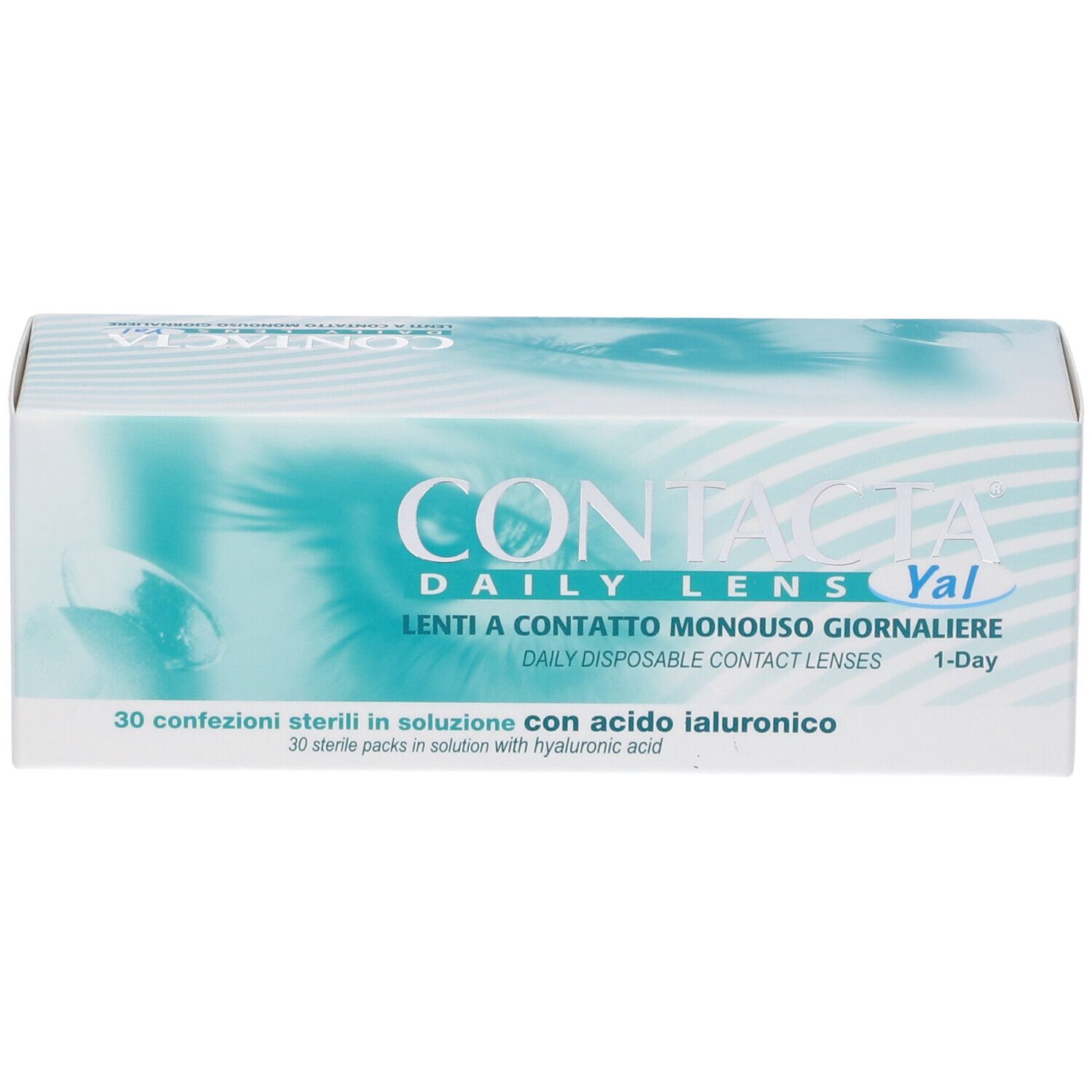 Confezione di lenti a contatto. Scritta: CONTACTA DAILY LENS Yal. 30 confezioni sterili con acido ialuronico.
