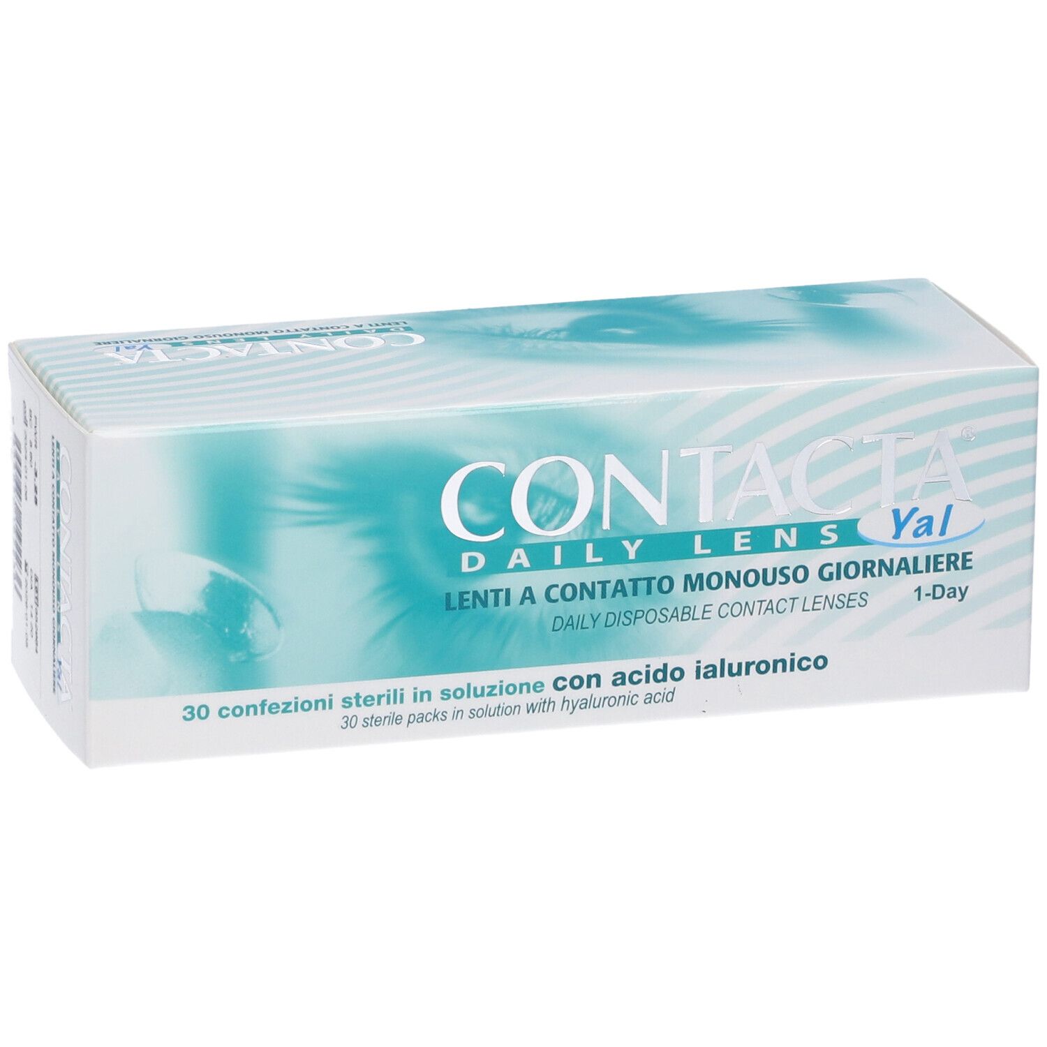 Confezione di lenti a contatto. Scritta: CONTACTA DAILY LENS Yal. 30 confezioni sterili con acido ialuronico.