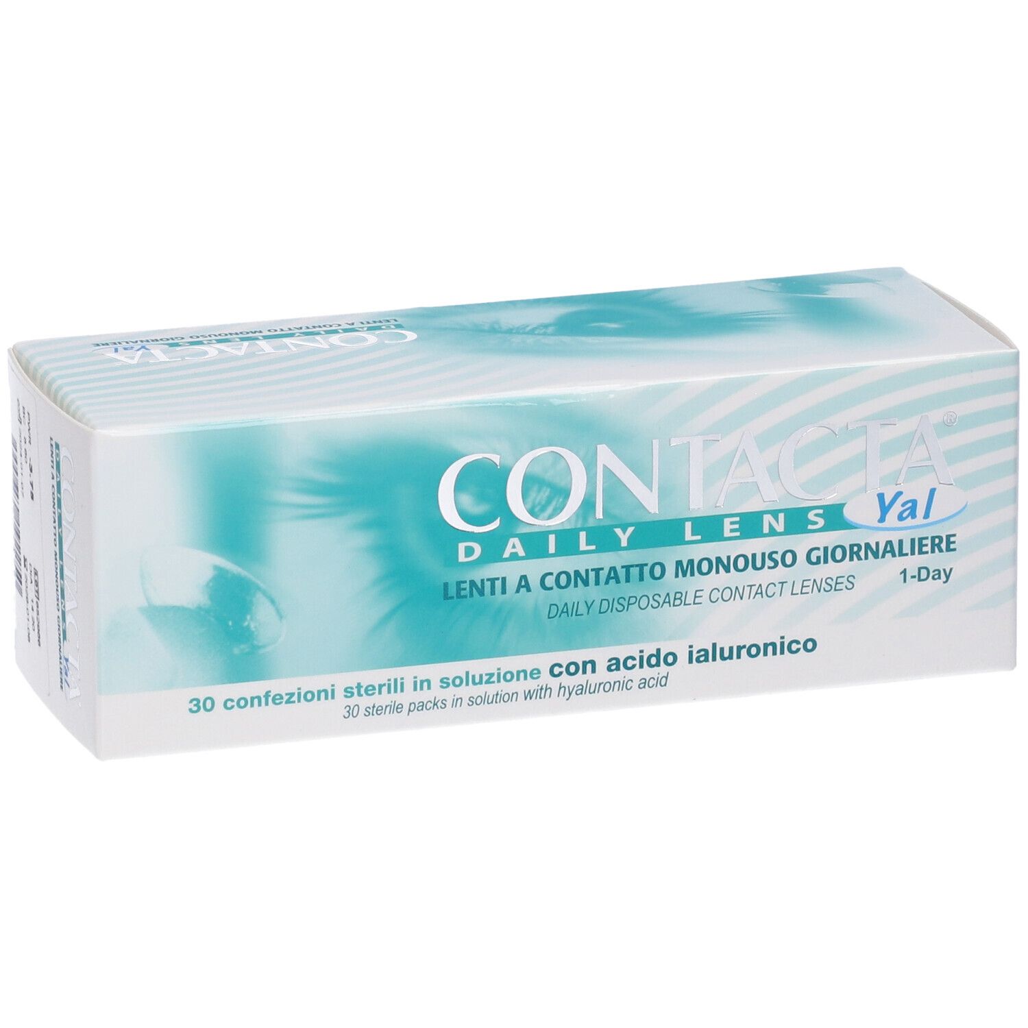 Confezione di lenti a contatto. Scritta: CONTACTA DAILY LENS Yal, Lenti a contatto monouso giornaliere. 30 confezioni sterili, 1-giorno.