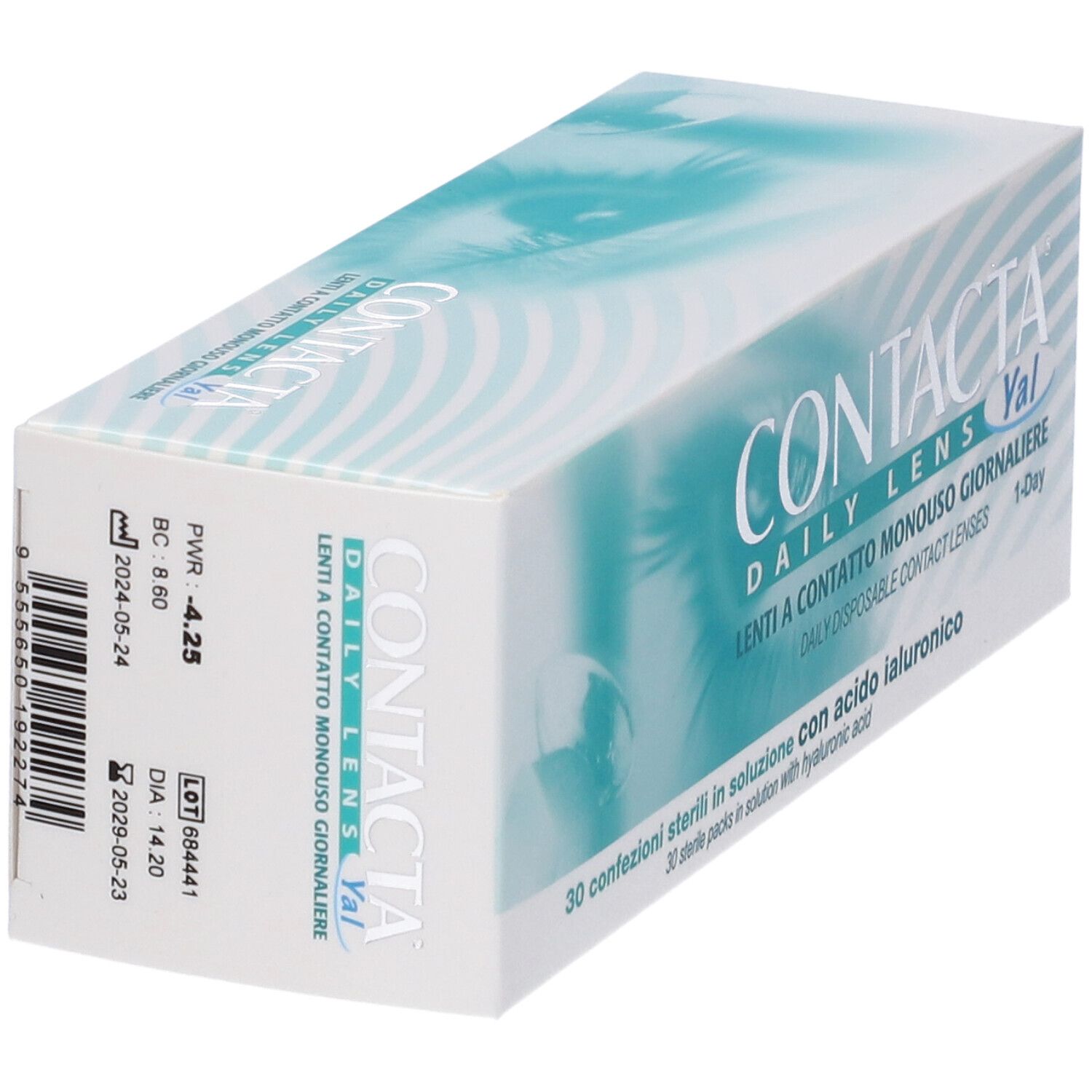 Scatola bianca con stampa del prodotto. Scritta CONTACTA DAILY LENS Yal. 30 confezioni sterili.