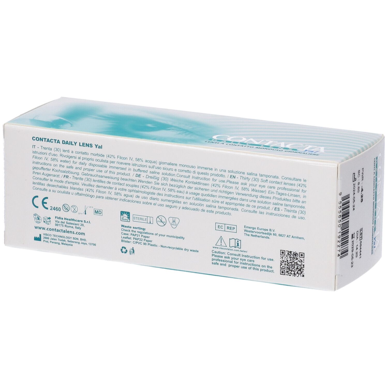 Scatola bianca con stampa del prodotto. Scritta CONTACTA DAILY LENS Yal. 30 confezioni sterili.