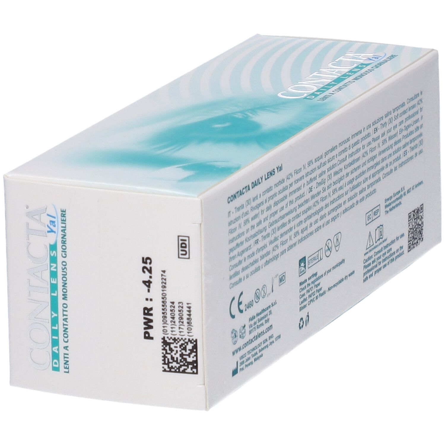 Scatola bianca con stampa del prodotto. Scritta CONTACTA DAILY LENS Yal. 30 confezioni sterili.