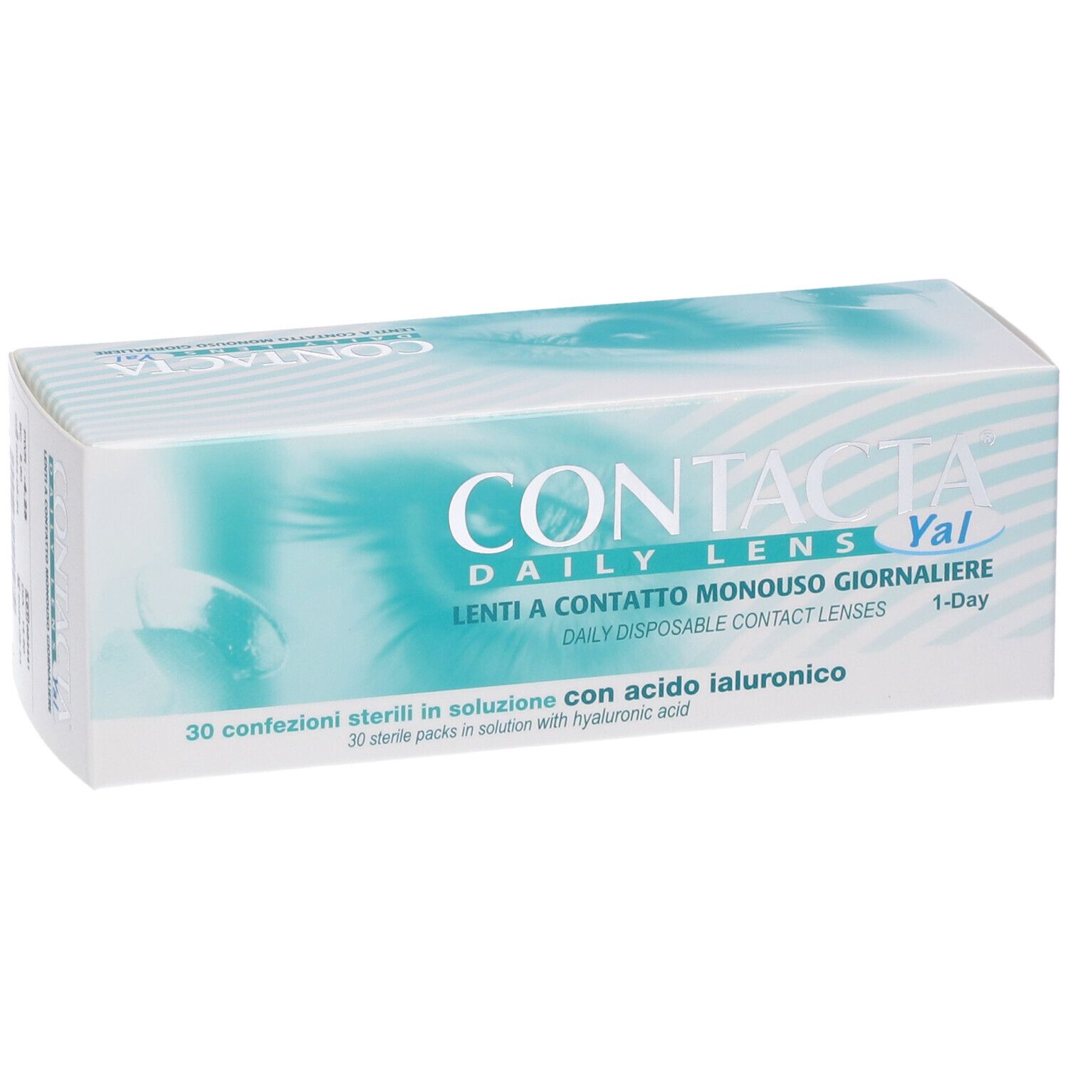 Scatola bianca con stampa del prodotto. Scritta CONTACTA DAILY LENS Yal. 30 confezioni sterili.