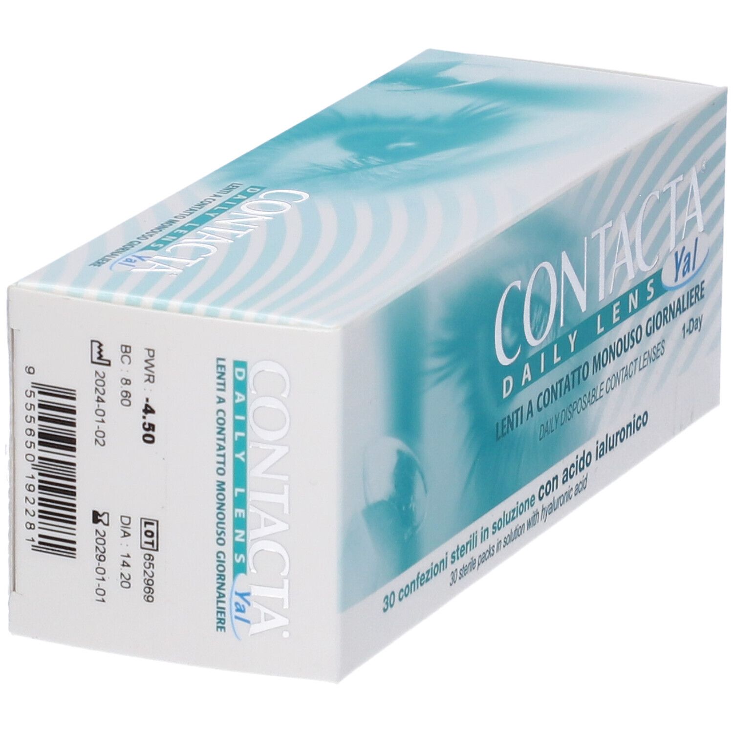 Confezione di lenti a contatto. Scritta: CONTACTA DAILY LENS Yal. 30 confezioni sterili con acido ialuronico. Dettagli e codice a barre.