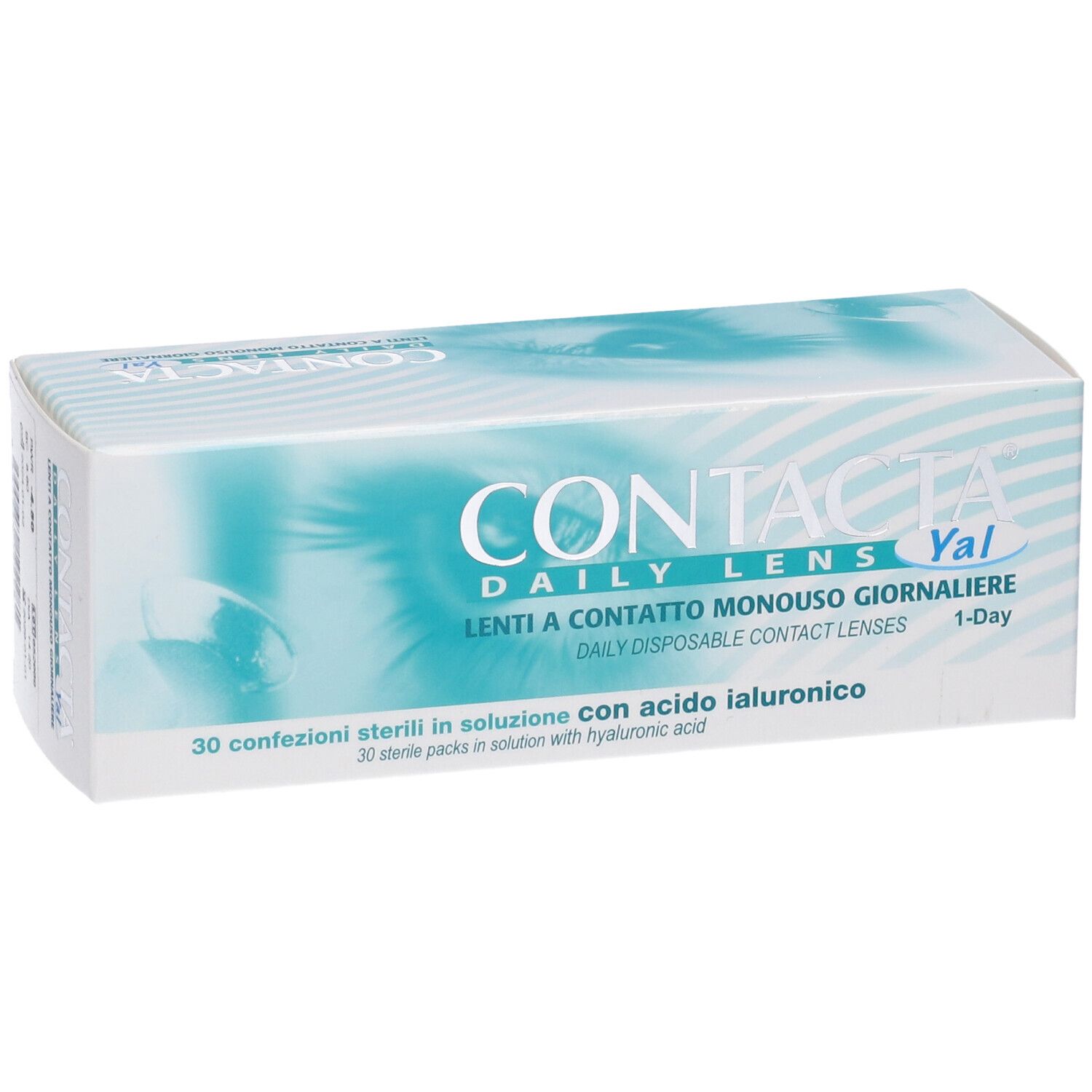 Confezione di lenti a contatto. Scritta: CONTACTA DAILY LENS Yal. 30 confezioni sterili con acido ialuronico.