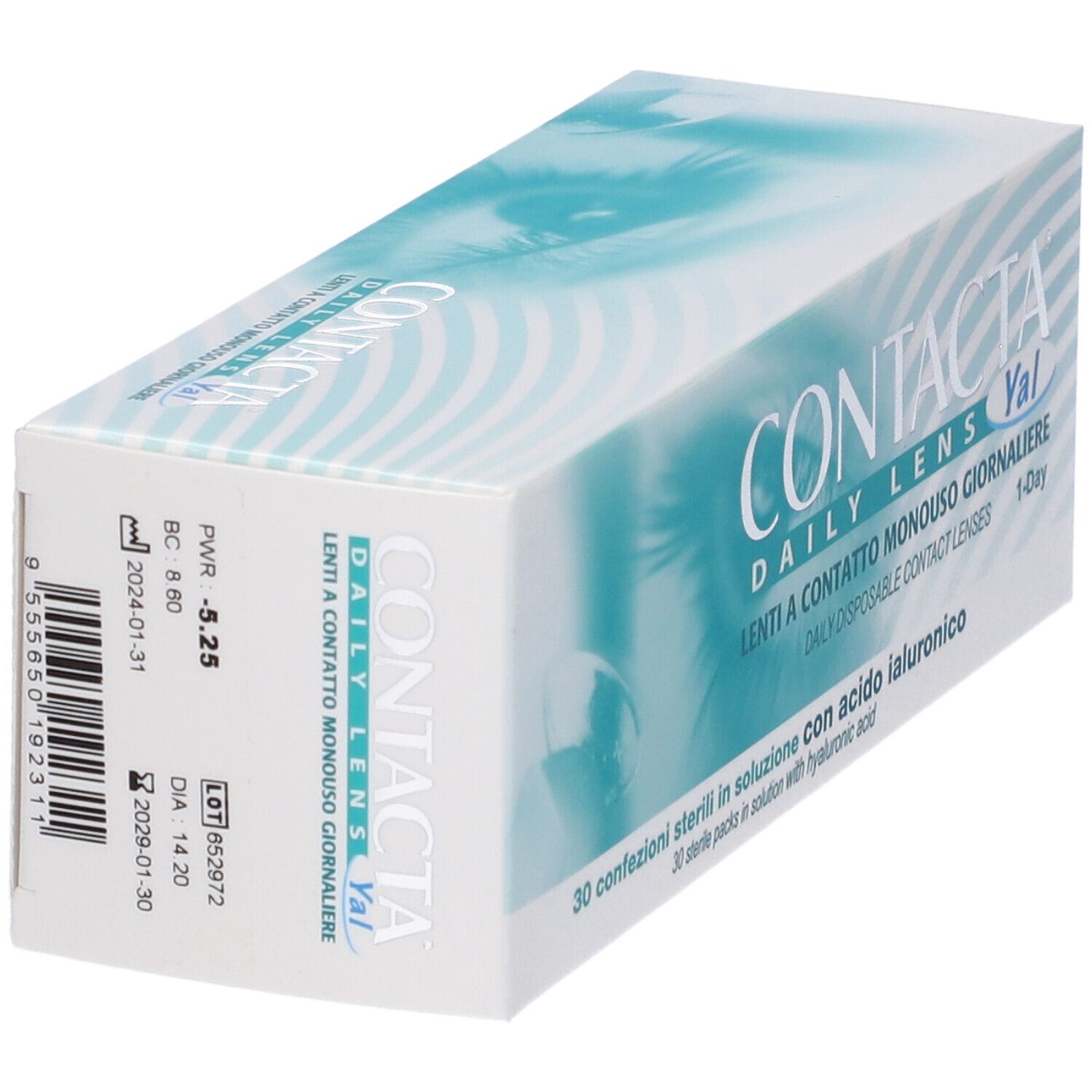 Confezione di lenti a contatto. Scritta: CONTACTA DAILY LENS Yal, Lenti a Contatto Monouso Giornaliera, 30 pezzi.