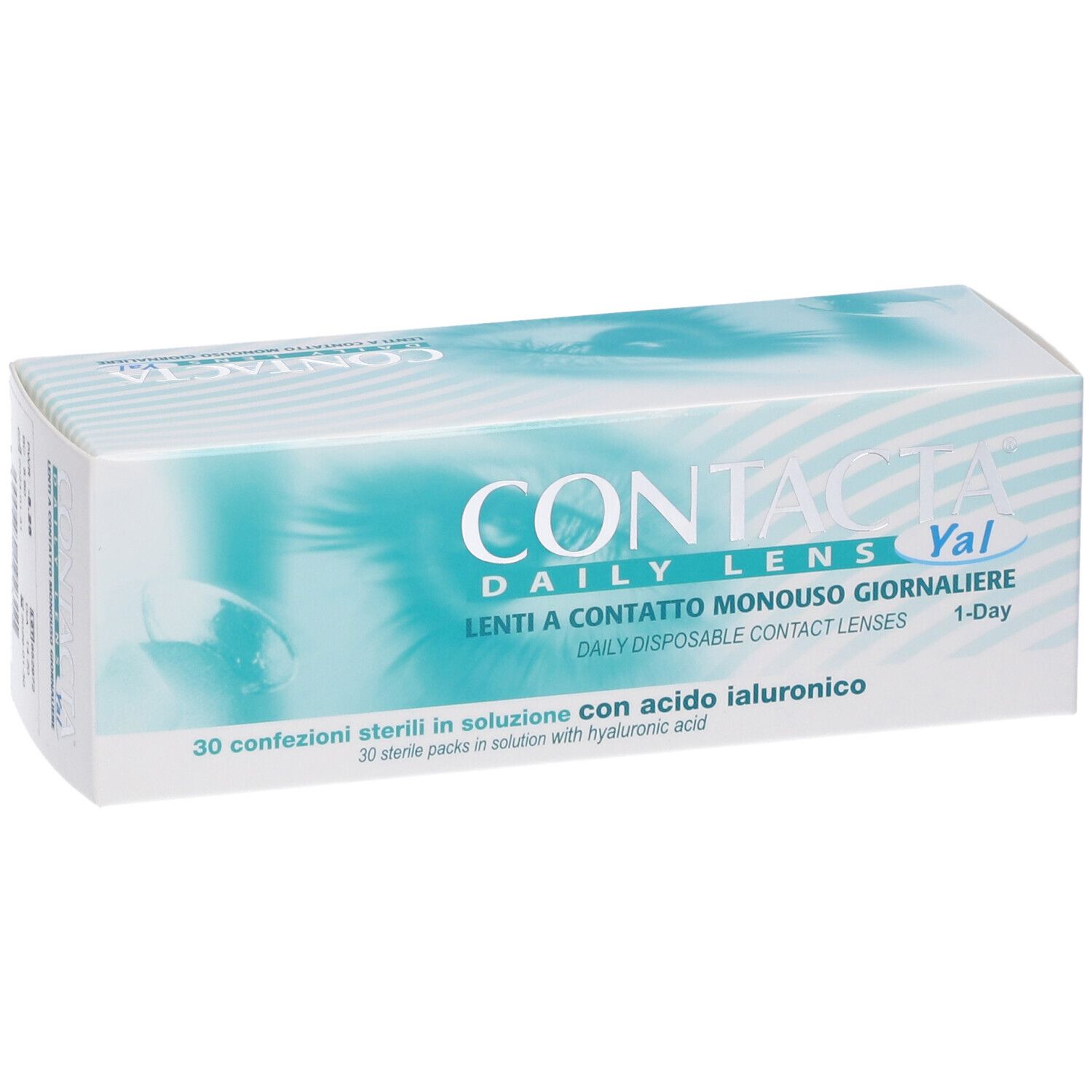 Confezione di lenti a contatto. Scritta: CONTACTA DAILY LENS Yal, Lenti a Contatto Monouso Giornaliera, 30 pezzi.