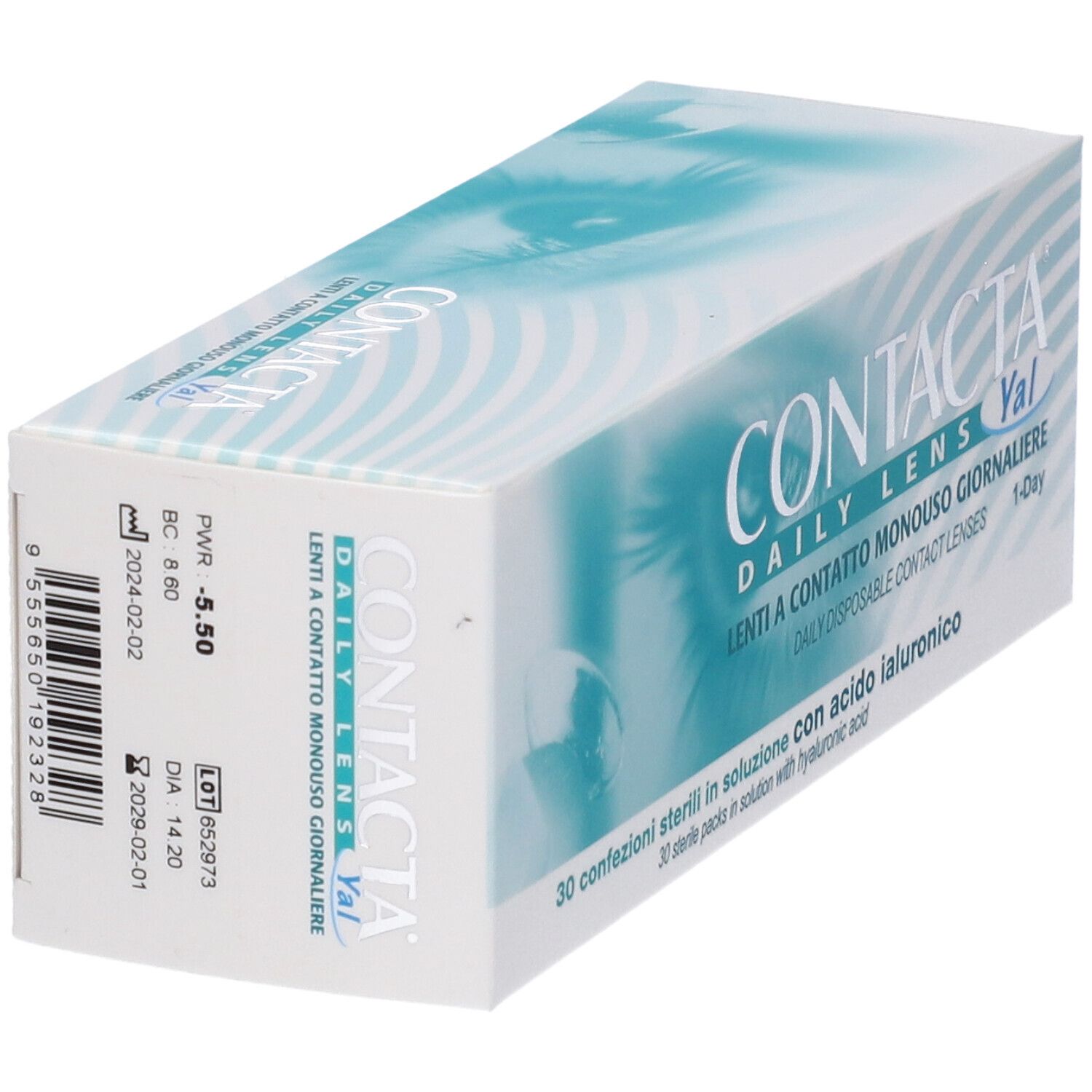 Confezione Contacta Daily Lens Yal in prospettiva. Scritta: Lenti a Contatto Monouso Giornaliera.
