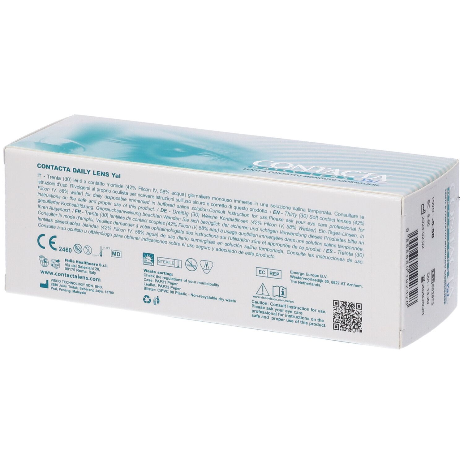 Retro della confezione Contacta Daily Lens Yal. Testo e loghi, tra cui marchio CE.