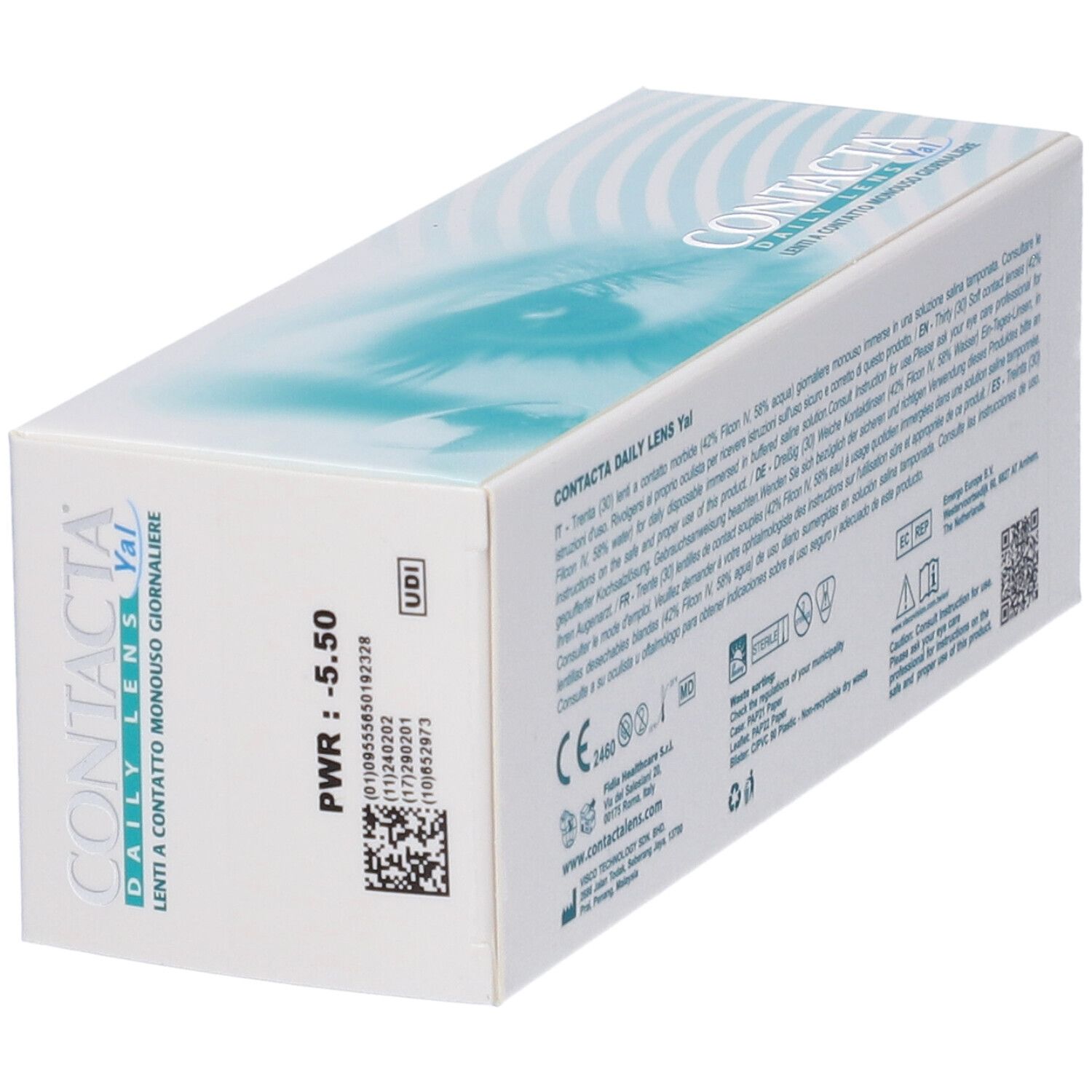 Confezione Contacta Daily Lens Yal in prospettiva. Scritta: PWR -5.50, codice UDI.