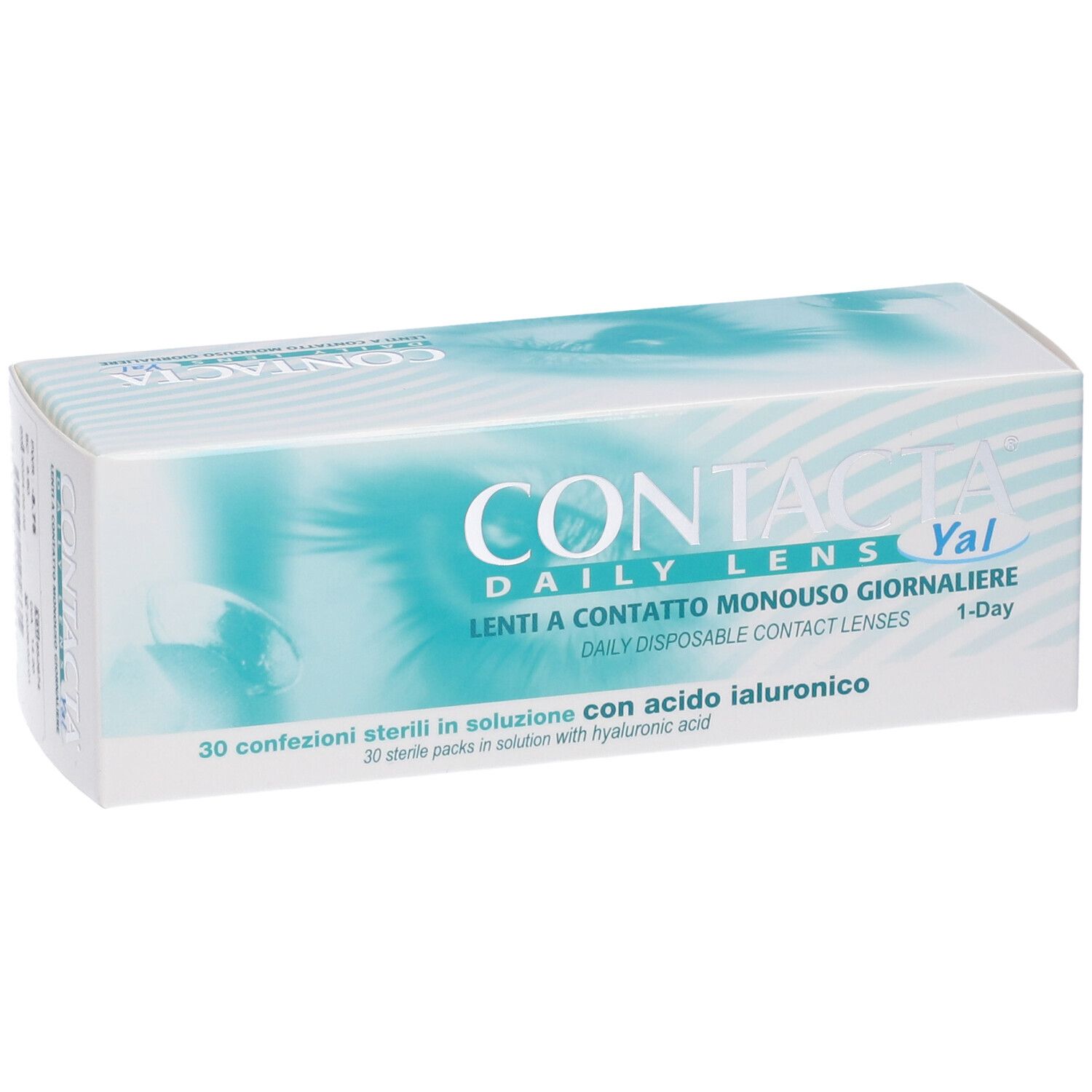 Confezione di lenti a contatto. Scritta: CONTACTA DAILY LENS Yal, Lenti a contatto monouso giornaliere. 30 pezzi.