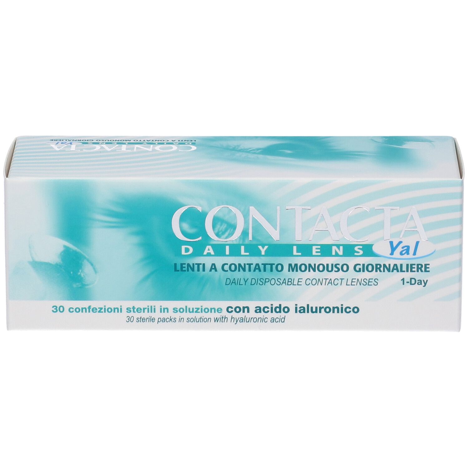 Confezione di lenti a contatto. Scritta: CONTACTA Daily Lens Yal, Lenti a contatto monouso giornaliere. 30 confezioni sterili.