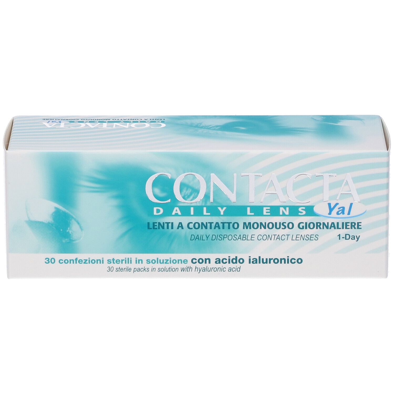 Confezione di lenti a contatto. Scritta: CONTACTA DAILY LENS Yal, Lenti a Contatto Monouso Giornaliere, 30 pezzi.