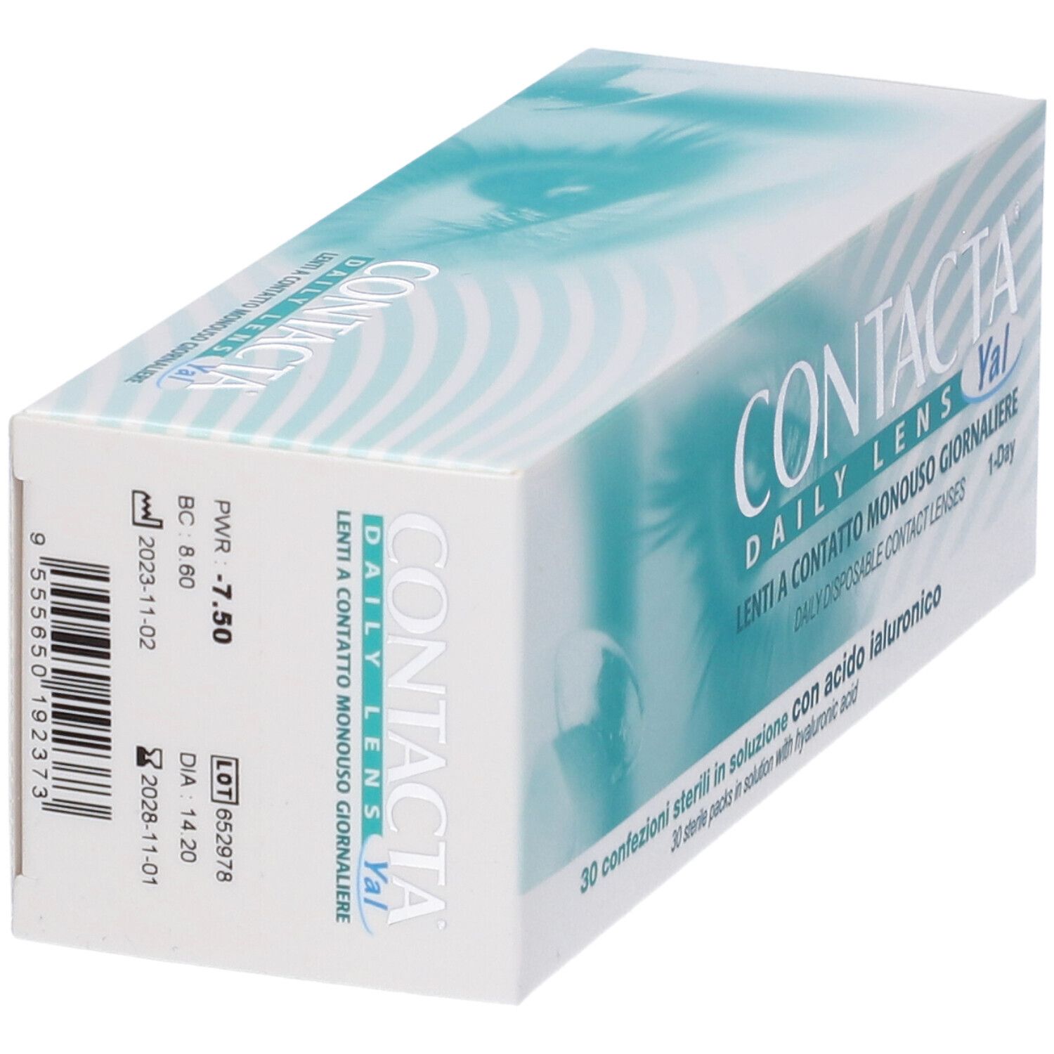 Confezione di lenti a contatto. Scritta: CONTACTA DAILY LENS Yal. Dettagli: PWR -7,50, BC 8.80, DIA 14.20.