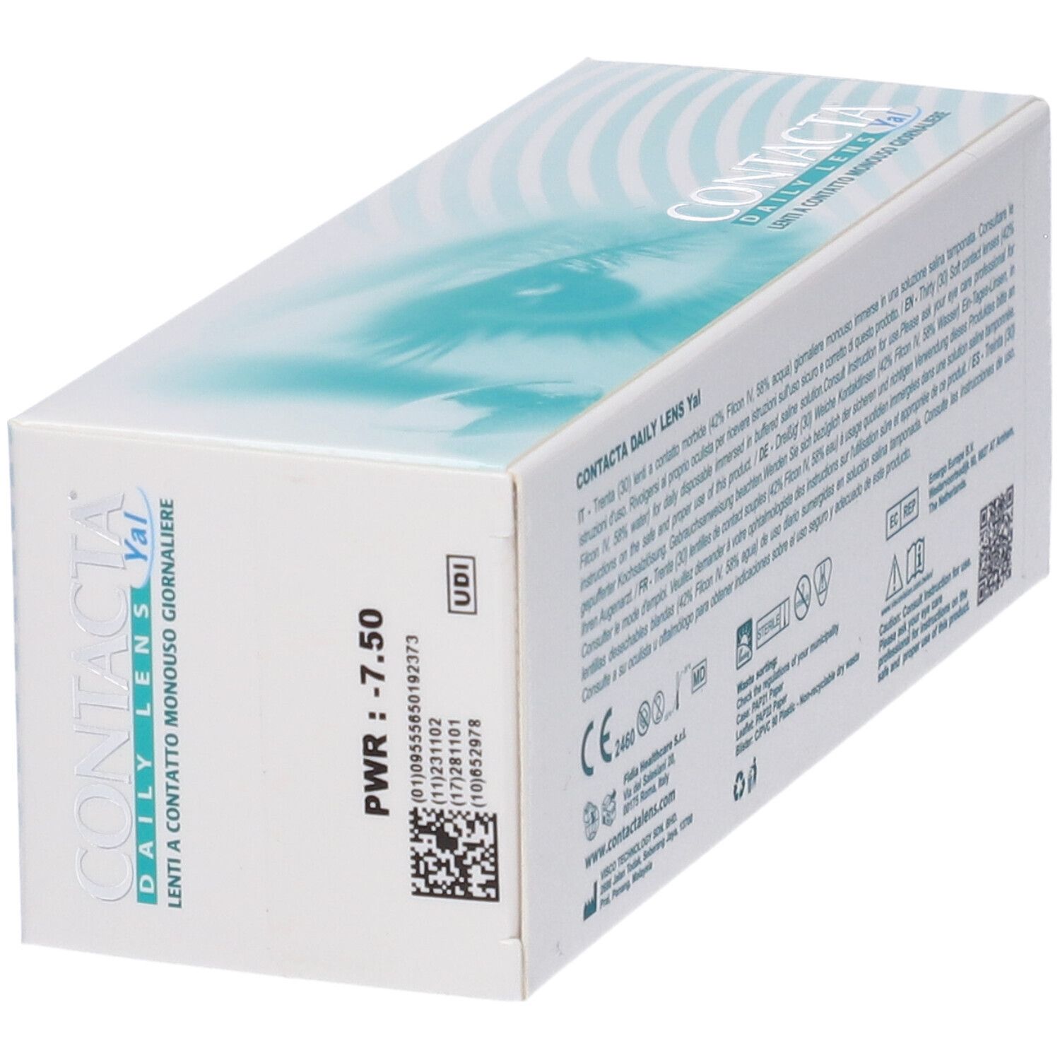 Confezione di lenti a contatto. Scritta: CONTACTA DAILY LENS Yal. Dettagli: PWR -7,50. Codice UDI.