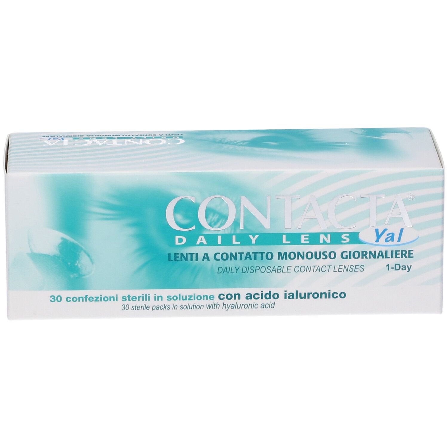 Confezione di lenti a contatto. Scritta: CONTACTA DAILY LENS Yal. 30 confezioni sterili.