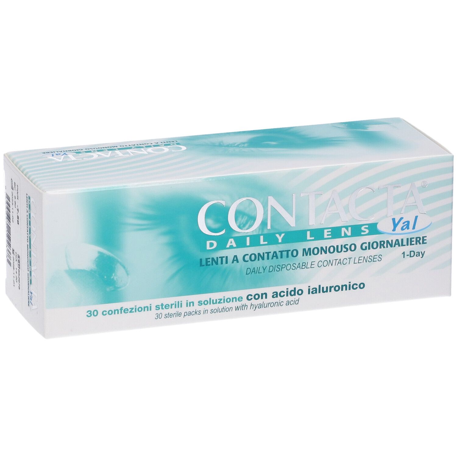 Confezione di lenti a contatto. Scritta: CONTACTA DAILY LENS Yal. 30 confezioni sterili.
