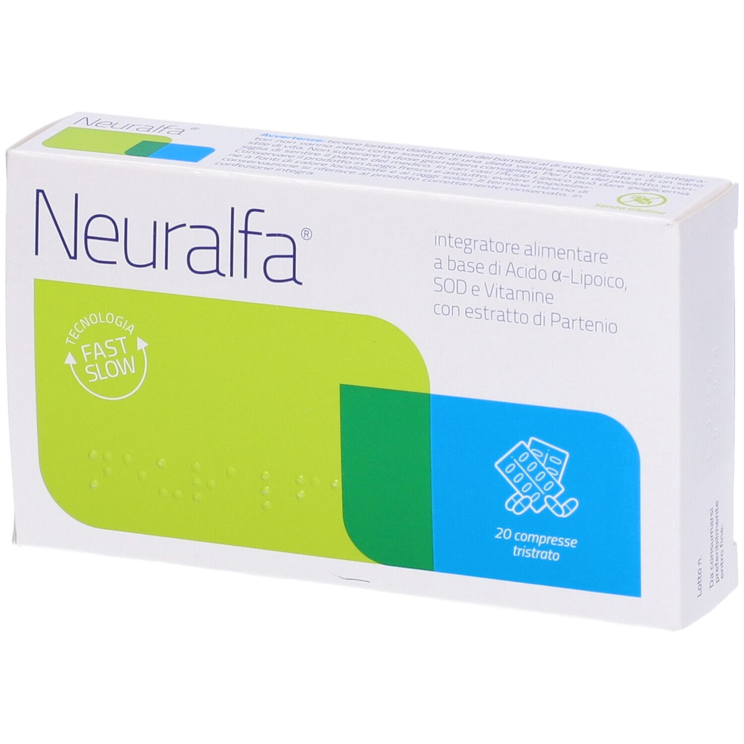Scatola bianca "Neuralfa" con aree verdi e blu. Testo: "integratore alimentare". 20 compresse. Logo "Fast Slow".