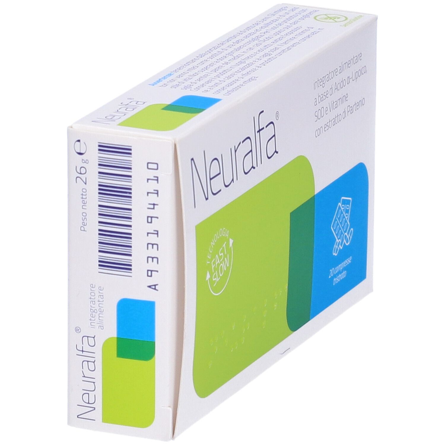 Scatola bianca "Neuralfa" con aree verdi e blu. Testo: "integratore alimentare". 20 compresse. Logo "Fast Slow".