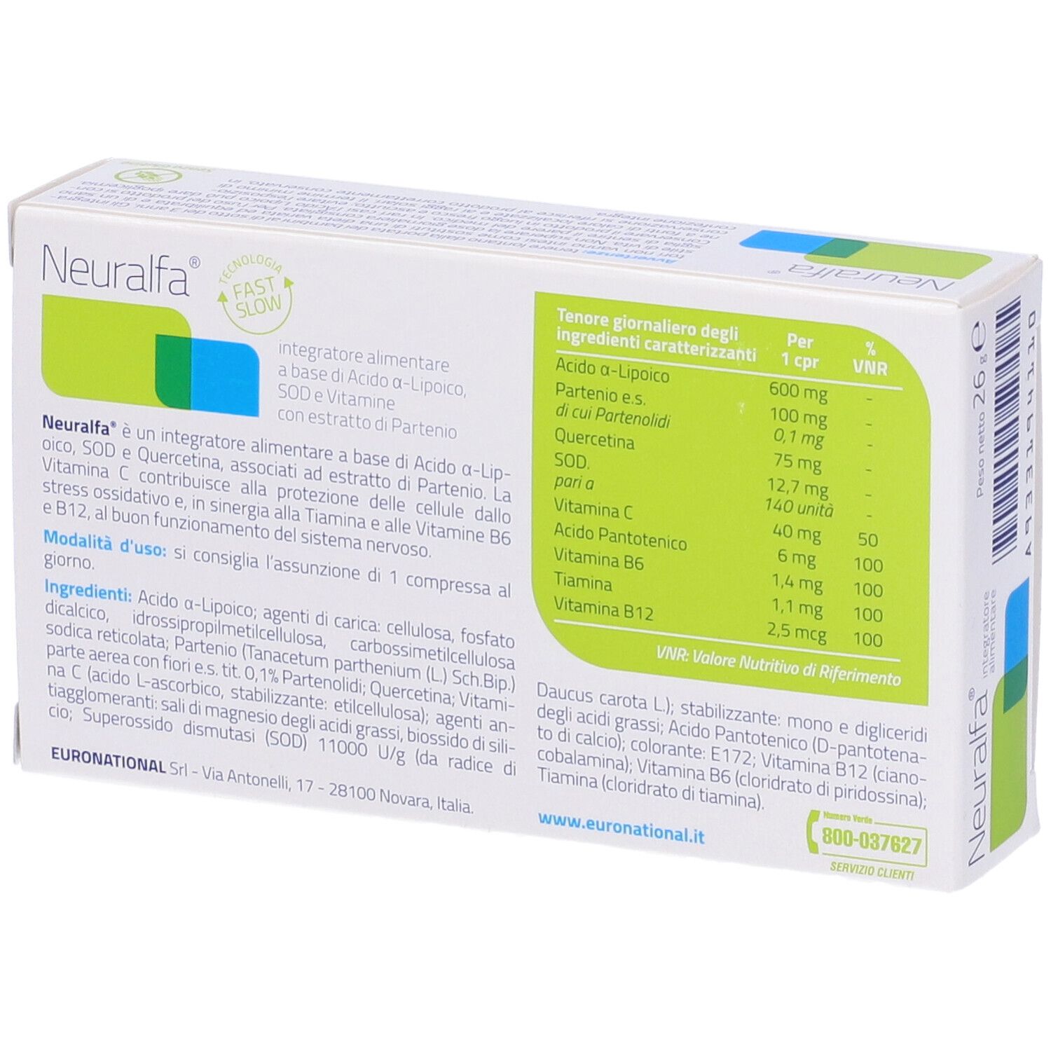 Scatola "Neuralfa" con informazioni. Contiene ingredienti e valori nutrizionali. Testo sul retro.