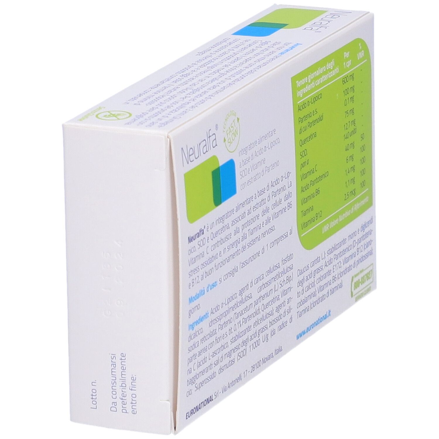 Scatola "Neuralfa" con informazioni. Contiene ingredienti e valori nutrizionali. Testo sul retro.