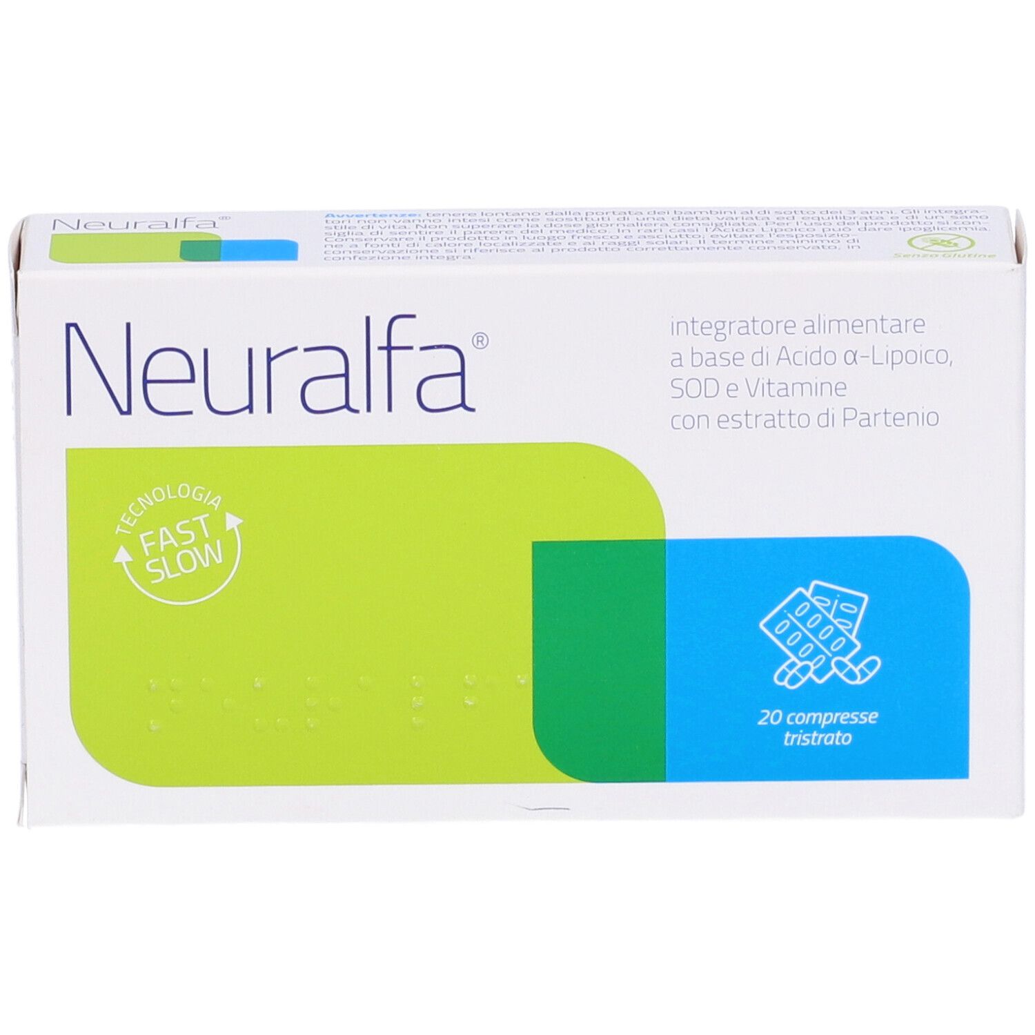Scatola bianca "Neuralfa" con aree verdi e blu. Testo: "integratore alimentare". 20 compresse. Logo "Fast Slow".