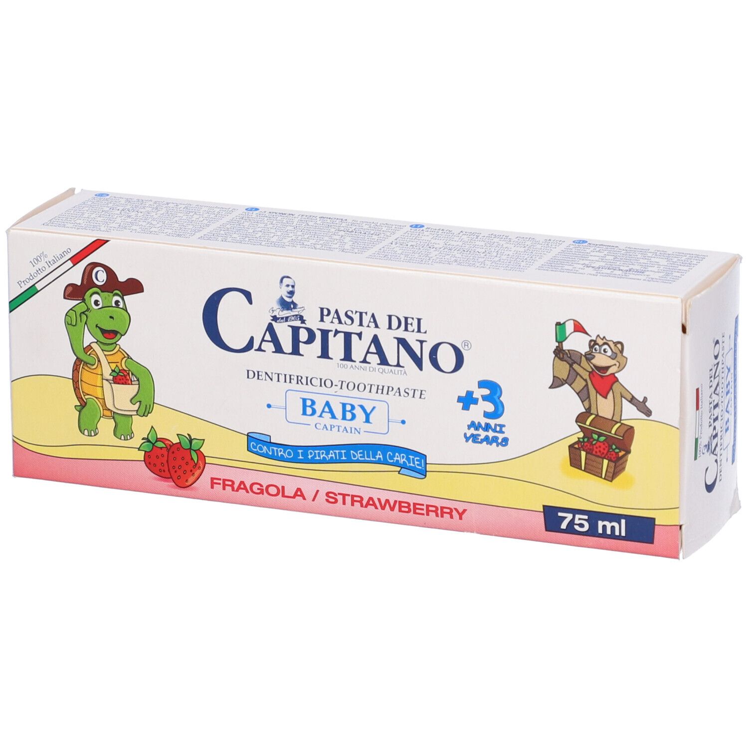 Scatola di dentifricio per bambini. Bianca, con illustrazioni di cartoni animati e testo. Gusto fragola. 75 ml.