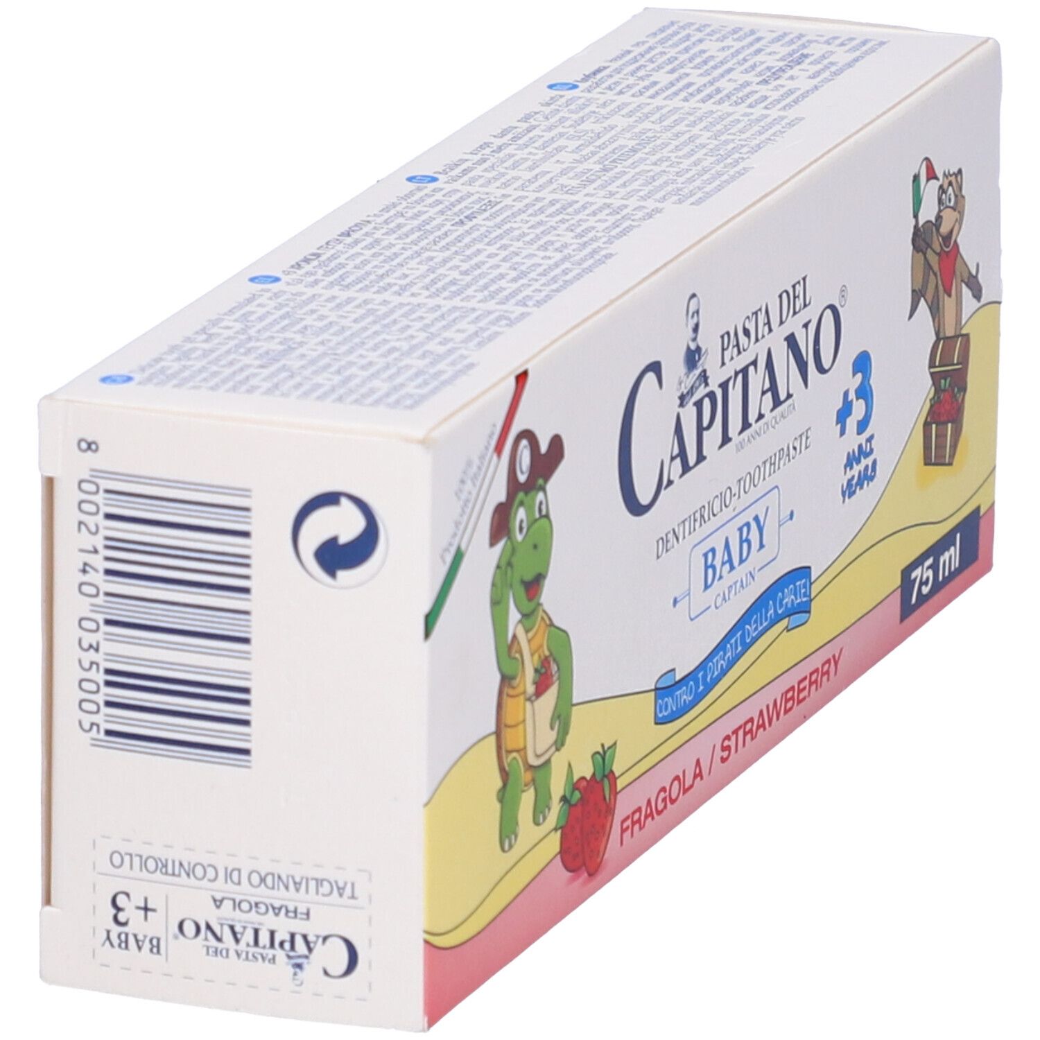Scatola di dentifricio per bambini. Bianca, con illustrazioni di cartoni animati e testo. Gusto fragola. 75 ml.