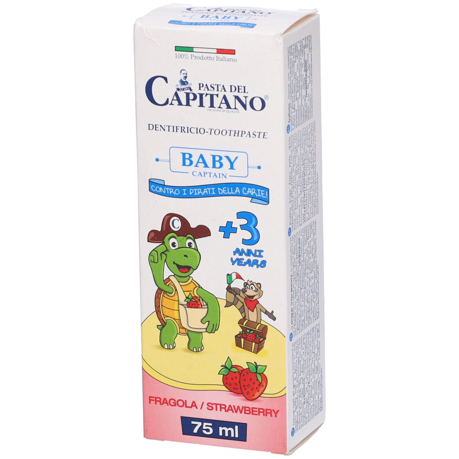 Scatola di dentifricio per bambini. Bianca, con illustrazioni di cartoni animati e testo. Gusto fragola. 75 ml.