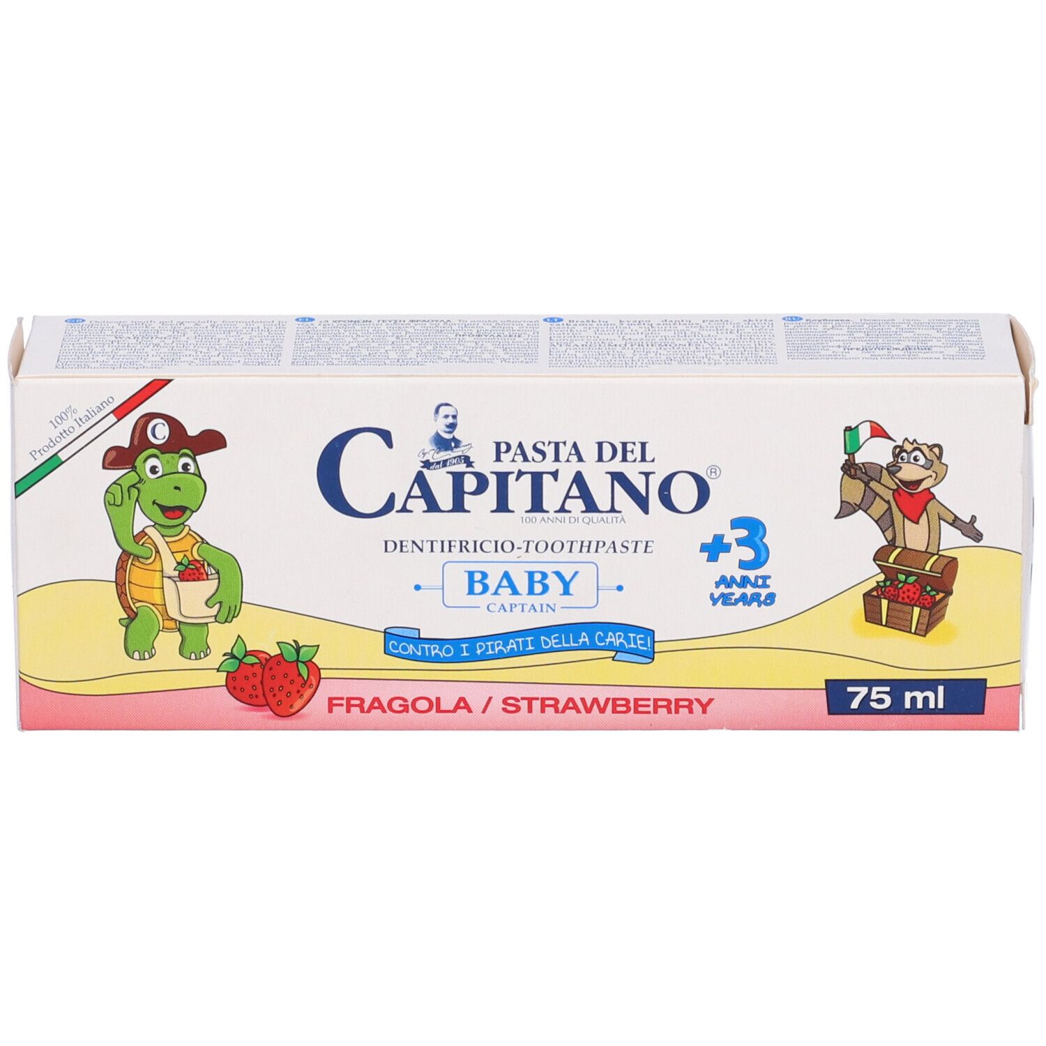 Scatola di dentifricio per bambini. Bianca, con illustrazioni di cartoni animati e testo. Gusto fragola. 75 ml.