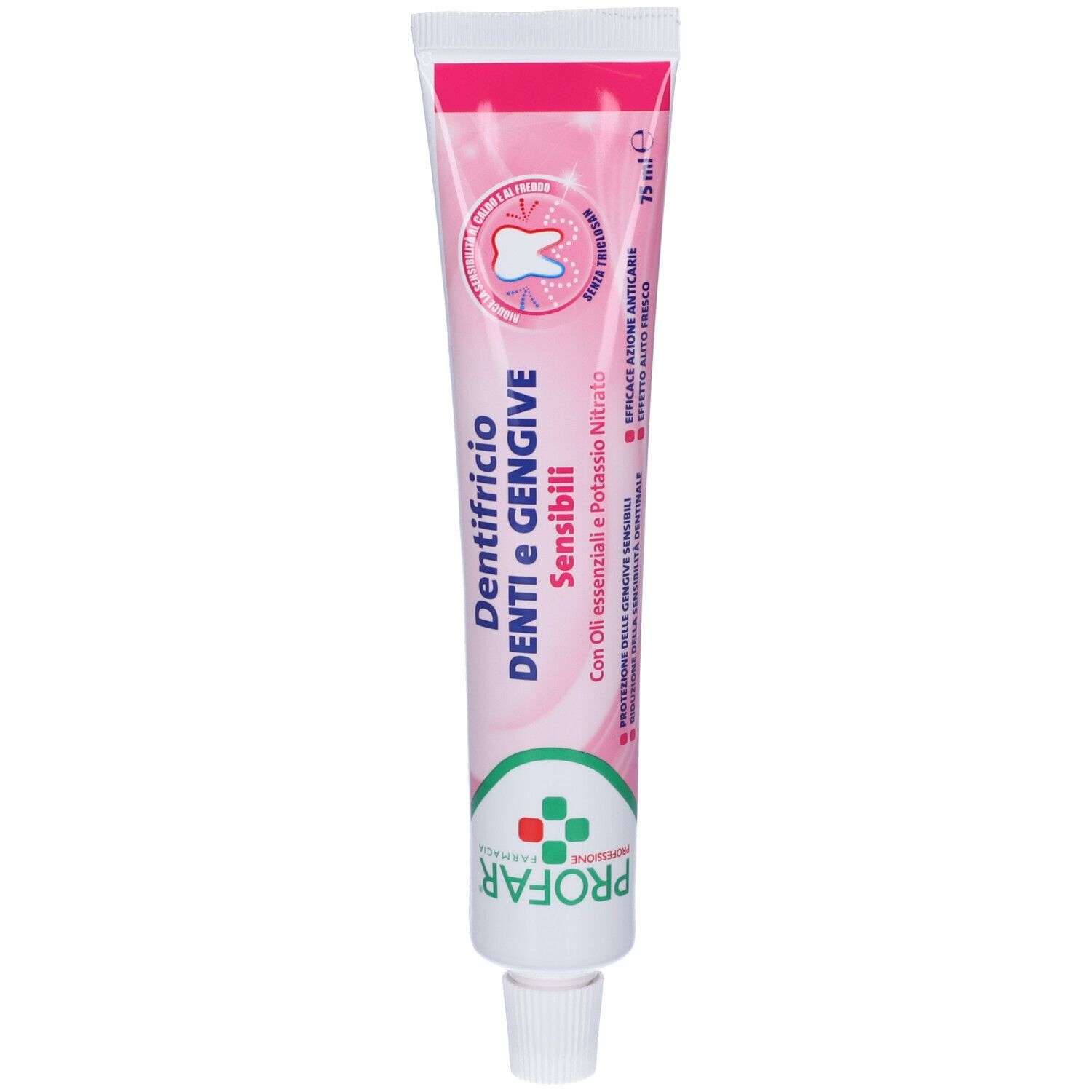 Tubo di dentifricio rosa e bianco. Nome del prodotto e logo visibili. Contiene oli essenziali e nitrato di potassio. 75 ml.