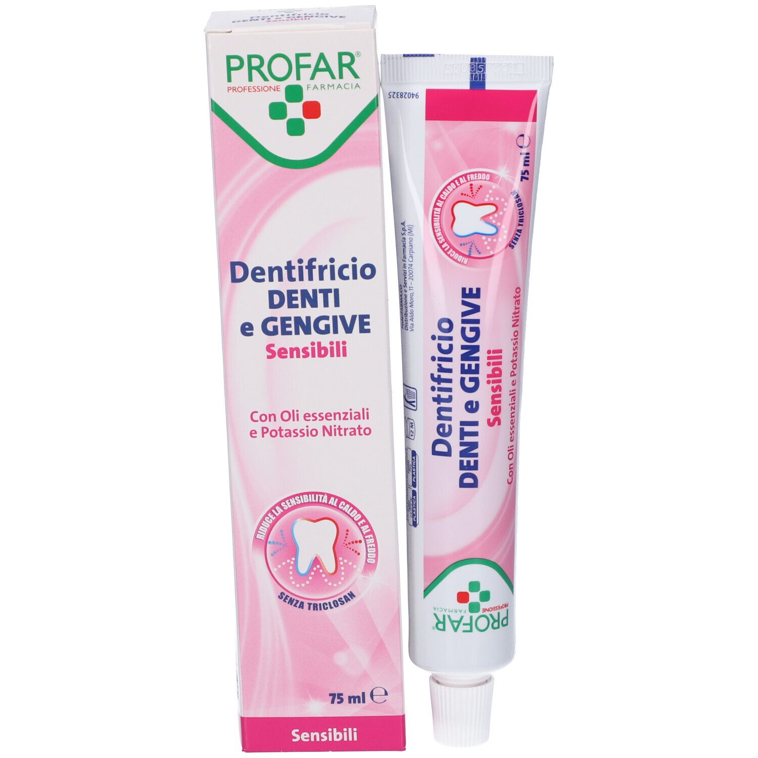 Tubo e scatola di dentifricio. Rosa e bianco. Nome del prodotto e logo visibili. Contiene oli essenziali e nitrato di potassio. 75 ml.