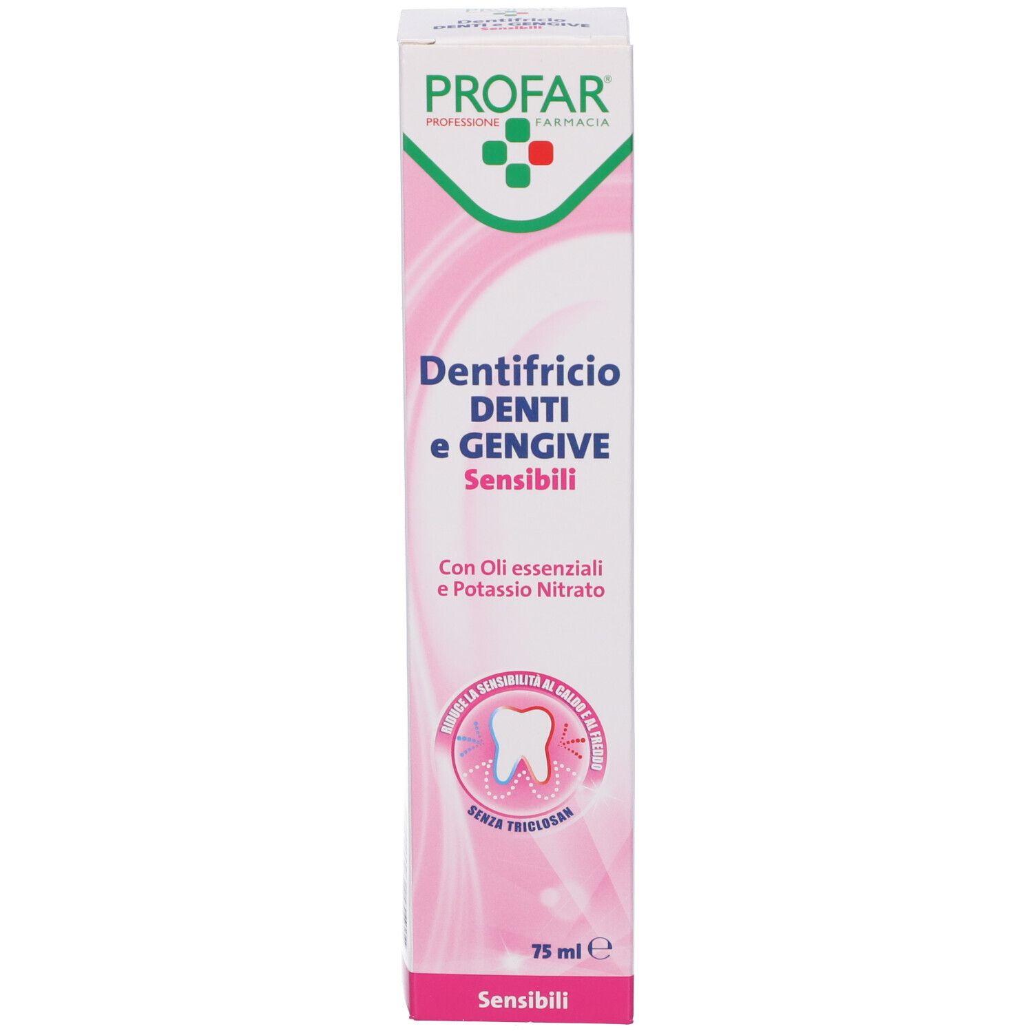 Scatola rosa e bianca con nome del prodotto e logo. Contiene oli essenziali e nitrato di potassio. 75 ml.