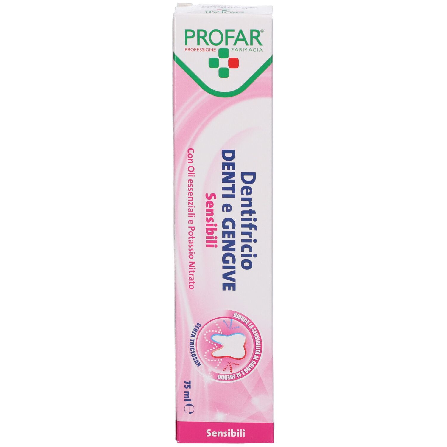 Scatola rosa e bianca con nome del prodotto e logo. Contiene oli essenziali e nitrato di potassio. 75 ml.