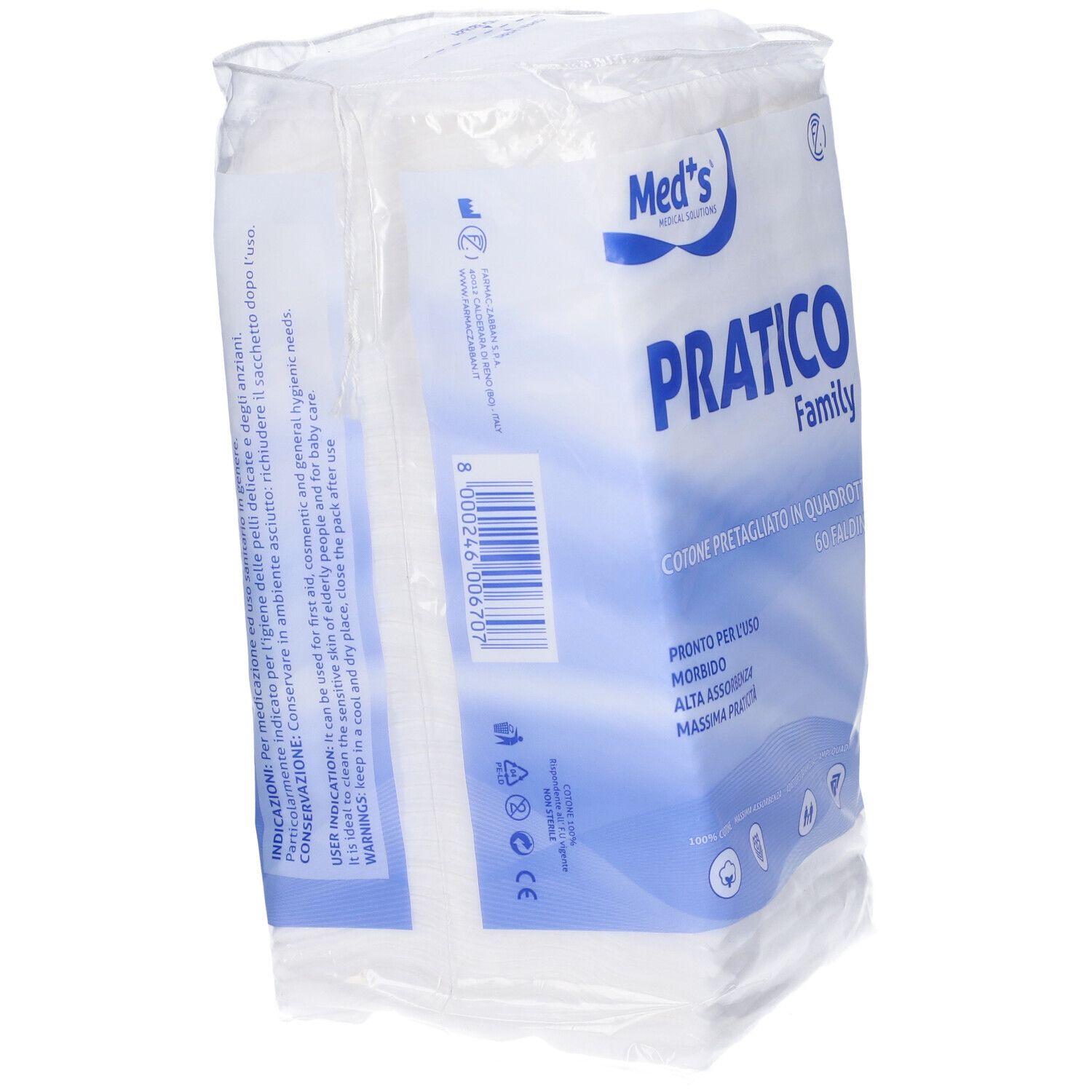 Confezione di quadrati di cotone. Scritta: PRATICO Family, 60 pieghe. Marchio: Med's. Retro con testo e codice a barre.