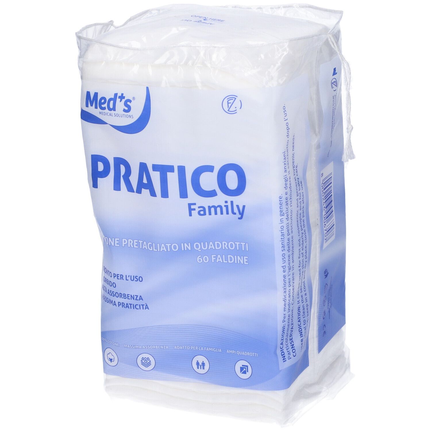 Confezione di quadrati di cotone. Scritta: PRATICO Family, 60 pieghe. Marchio: Med's. Vista laterale.