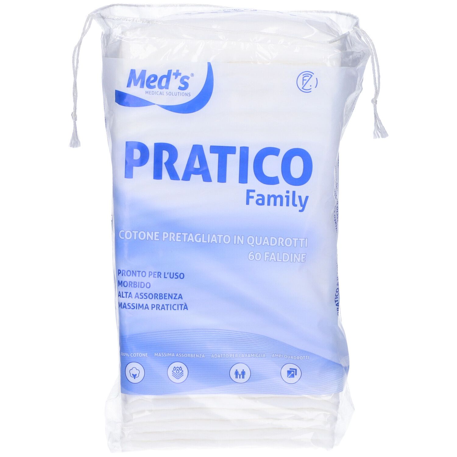 Confezione di quadrati di cotone. Scritta: PRATICO Family, 60 pieghe. Marchio: Med's. Confezione trasparente.
