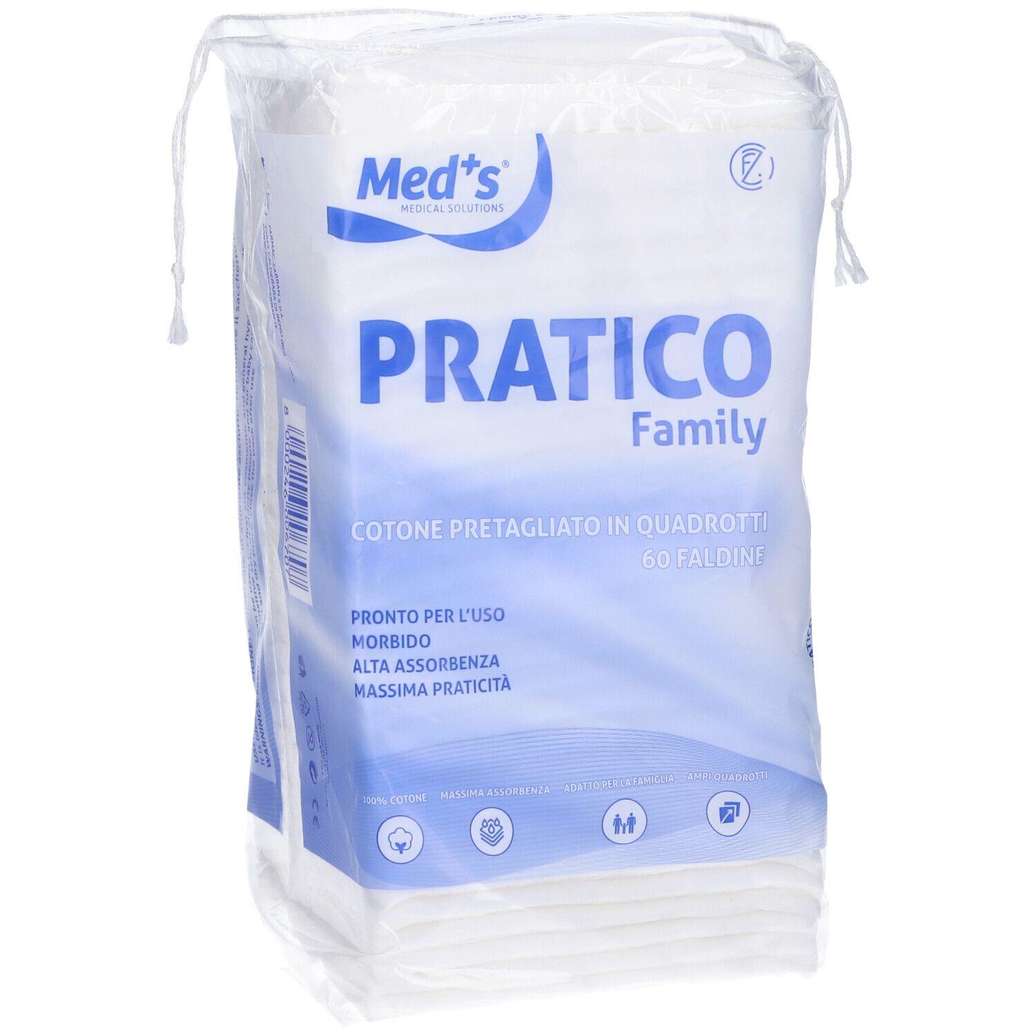 Confezione di quadrati di cotone. Scritta: PRATICO Family, 60 pieghe. Marchio: Med's. Confezione trasparente.