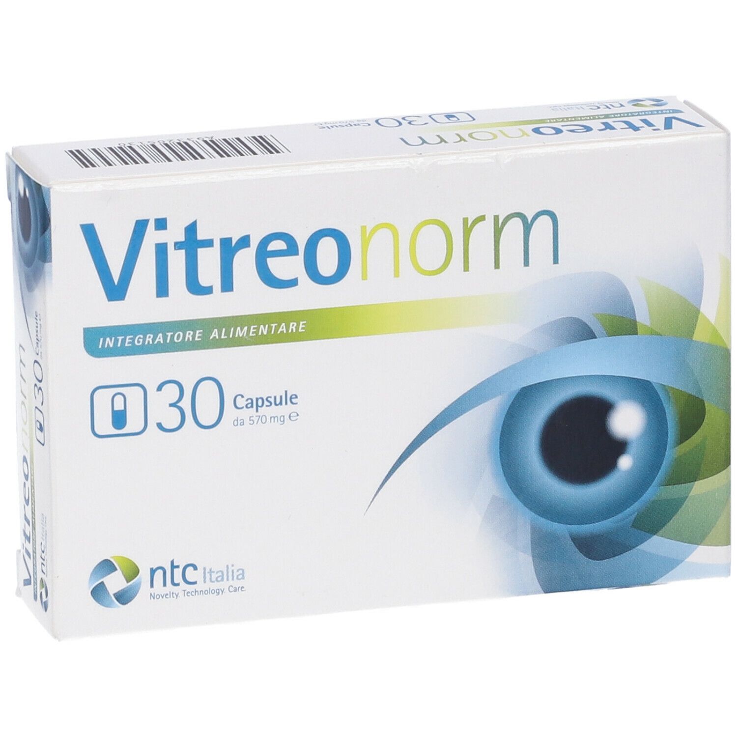 Scatola bianca con Vitreonorm, 30 capsule. Testo: Integratore Alimentare. Logo ntc italia. Grafica occhio blu.