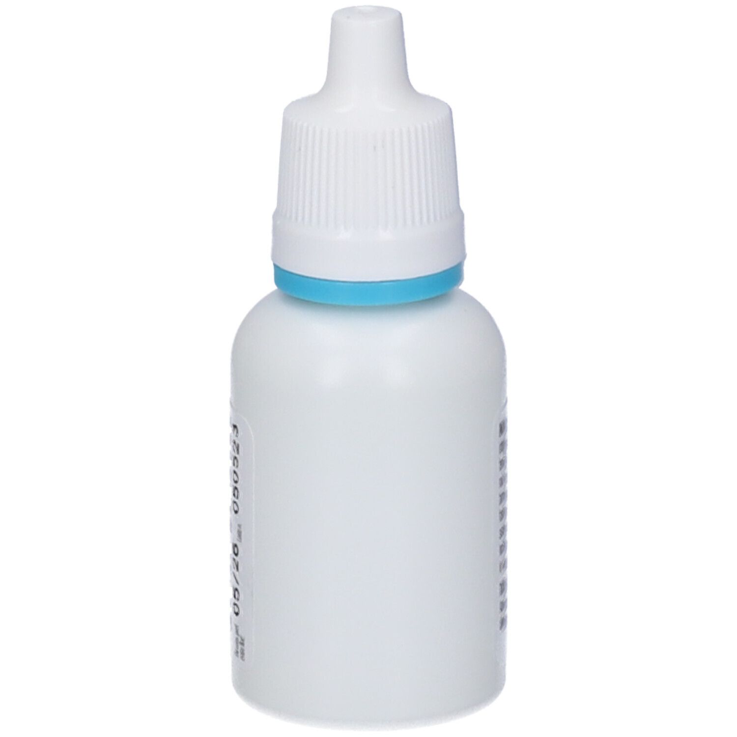 Flacone bianco con anello blu e contagocce. Scritta sul retro. Etichetta con testo e data di scadenza.