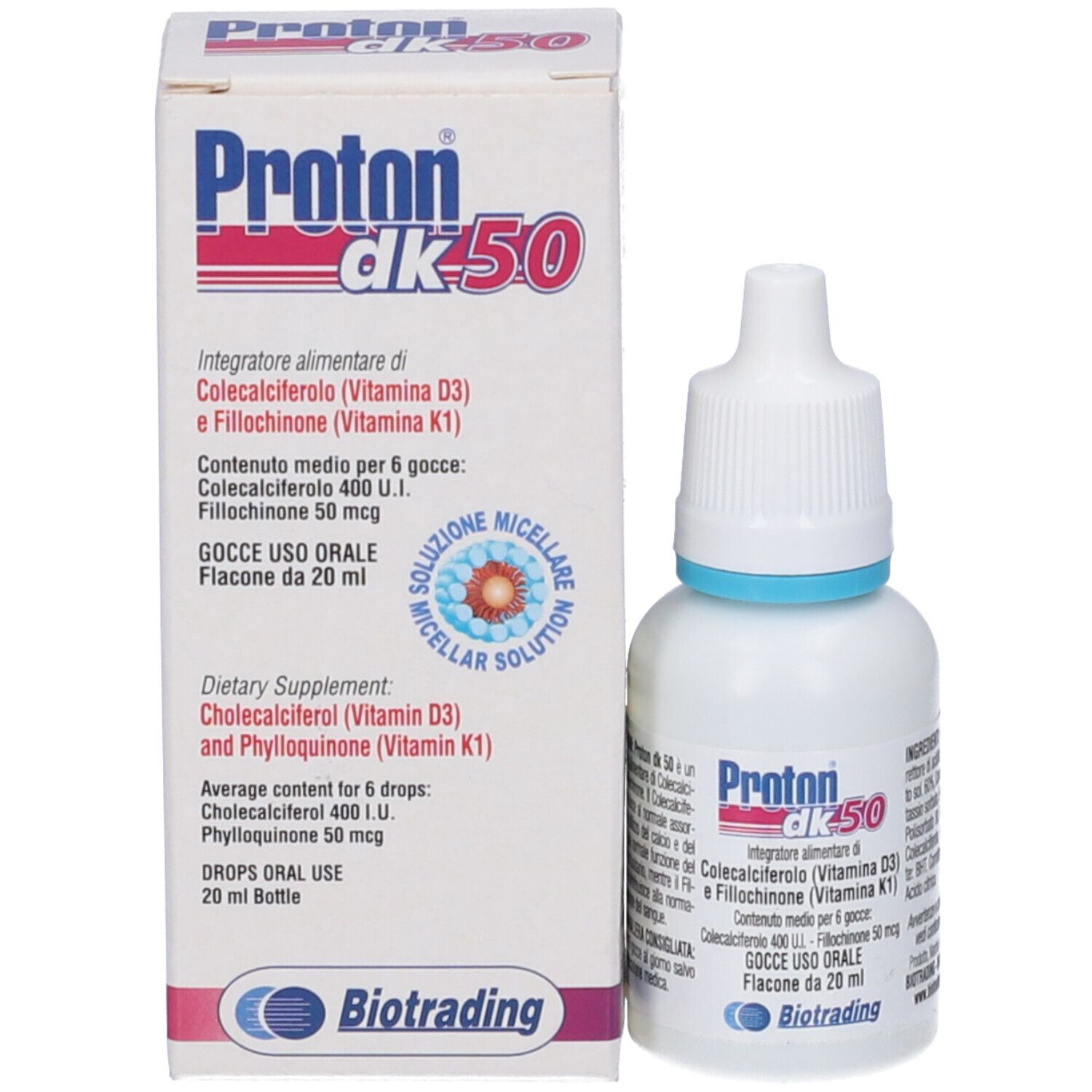 Confezione e flacone del prodotto. Scritta: Proton dk50, Coolecalciferolo (Vitamina D3) e Fillochinone (Vitamina K1).