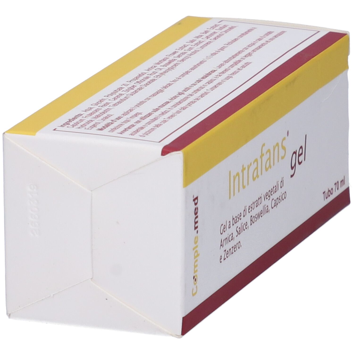 Confezione prodotto, vista laterale. Nome e informazioni. Titolo gel e volume 70 ml.