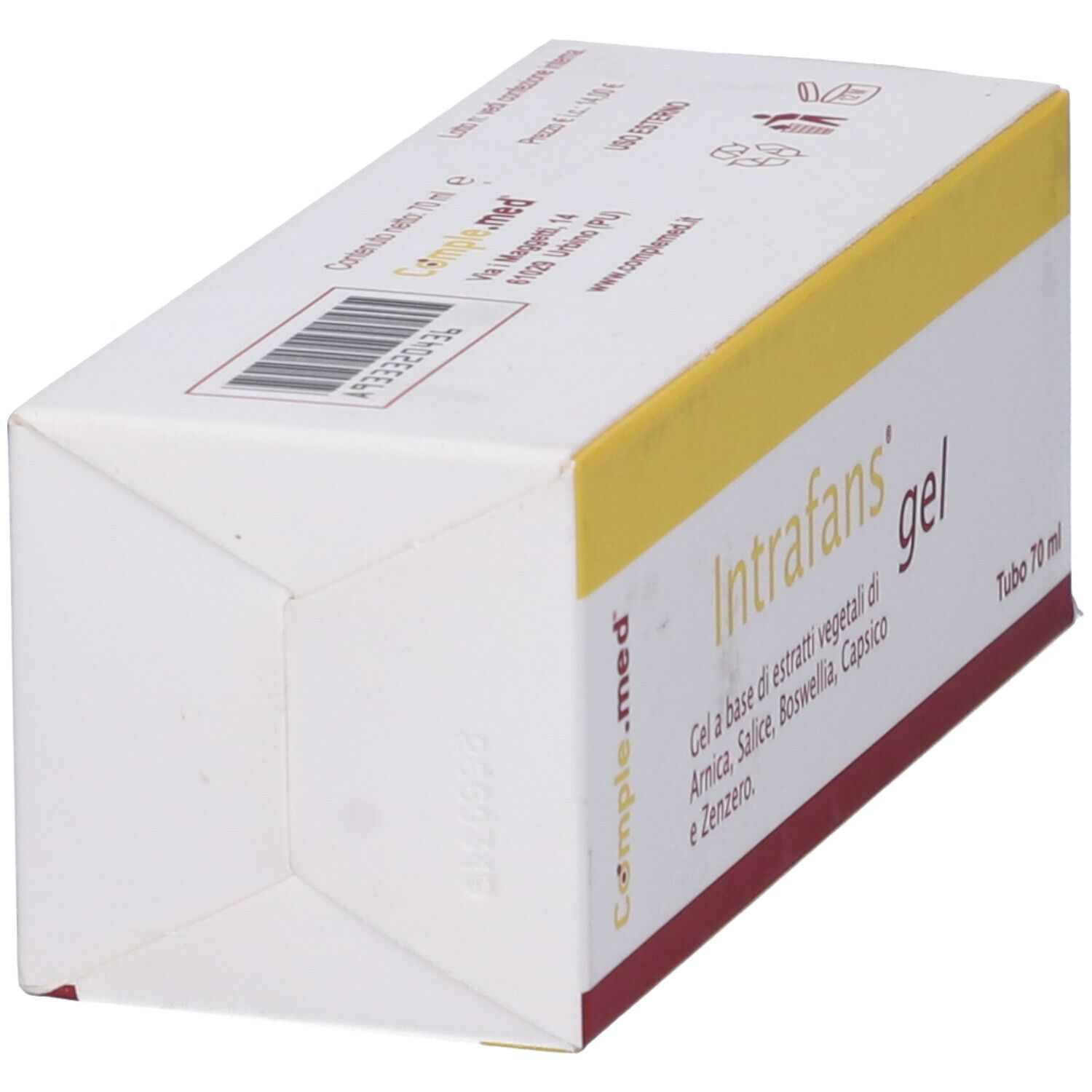 Confezione prodotto, vista laterale. Nome e informazioni. Titolo gel e volume 70 ml.