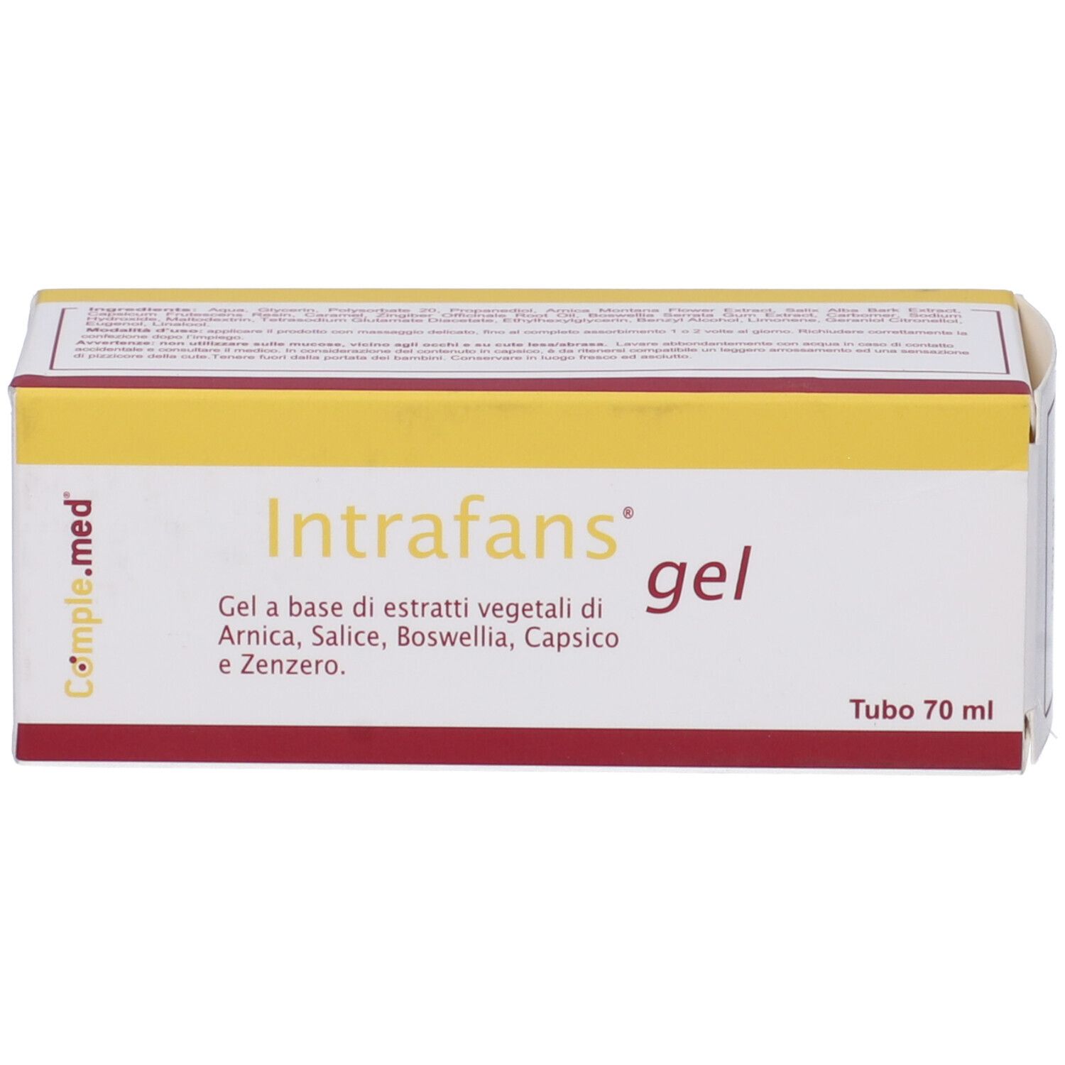 Confezione prodotto con nome e informazioni. Titolo gel e volume 70 ml.