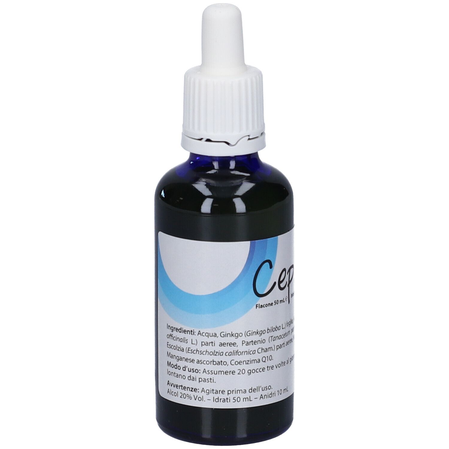 Flacone contagocce marrone con liquido blu ed etichetta.