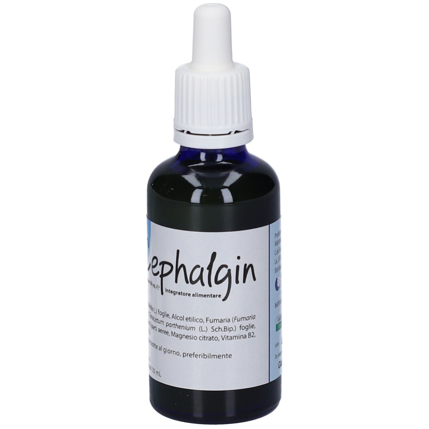 Flacone in vetro blu scuro con contagocce e tappo bianco, riempito con liquido blu scuro. Etichetta con la scritta 'Cephalgin'.
