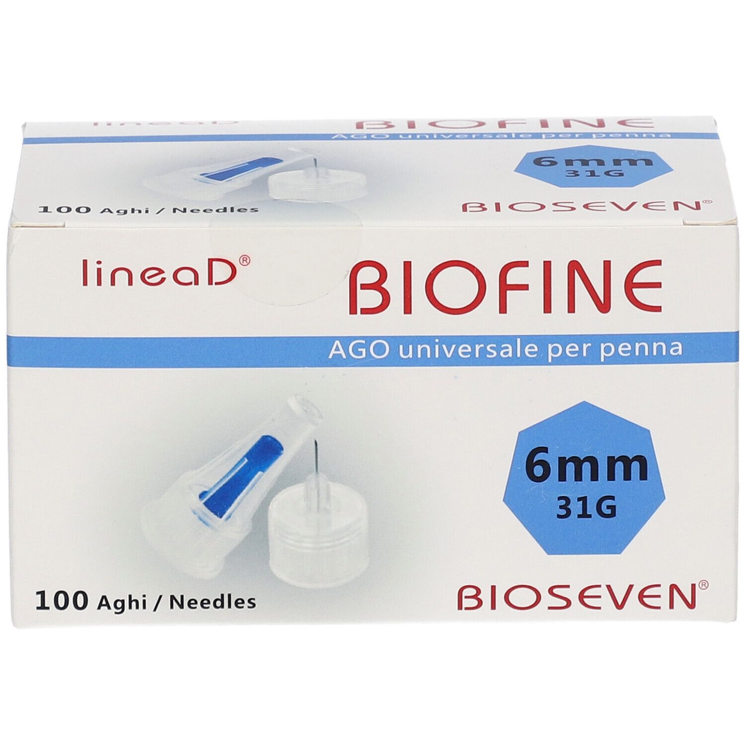 Confezione di aghi LineaD BIOFINE 6 mm. Scritta BIOFINE, 6mm 31G, 100 aghi. Confezione bianca e blu.