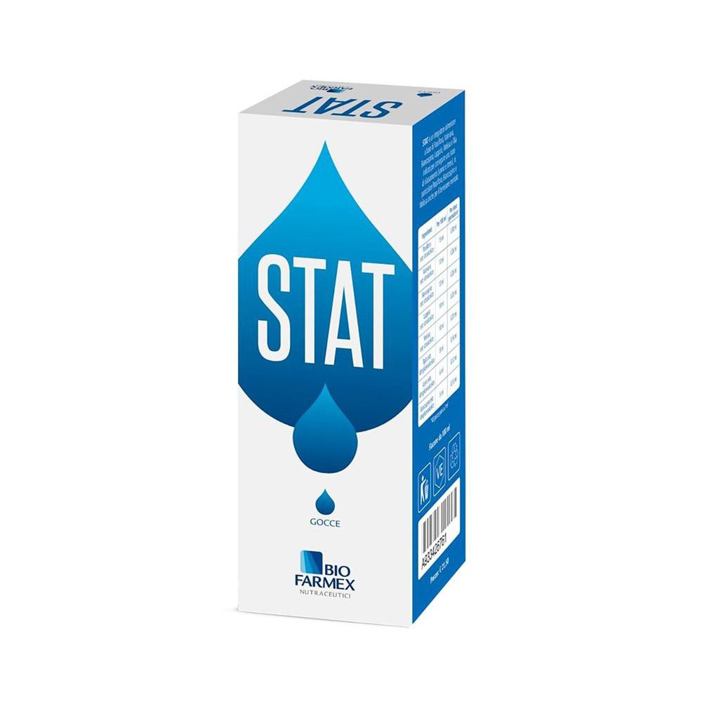 Scatola bianca con design a goccia blu e scritta STAT. Sotto, "Gocce" e il logo Biofarmex.